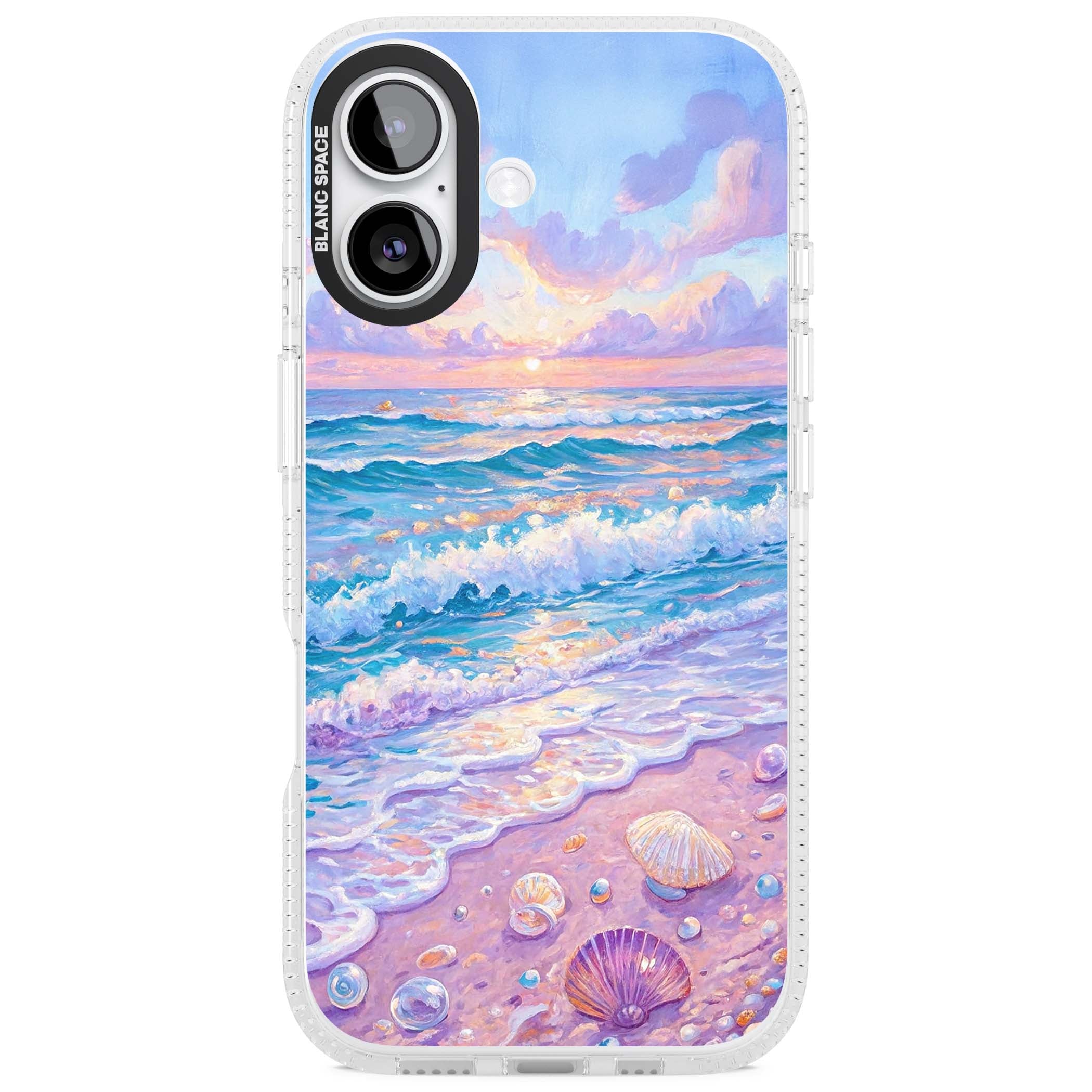 Pearl Shore coastal iPhone case featuring pastel painted waves, seashells, and a sunrise sky over a lavender beach. | Clear Case Impact Air case for iPhone 17