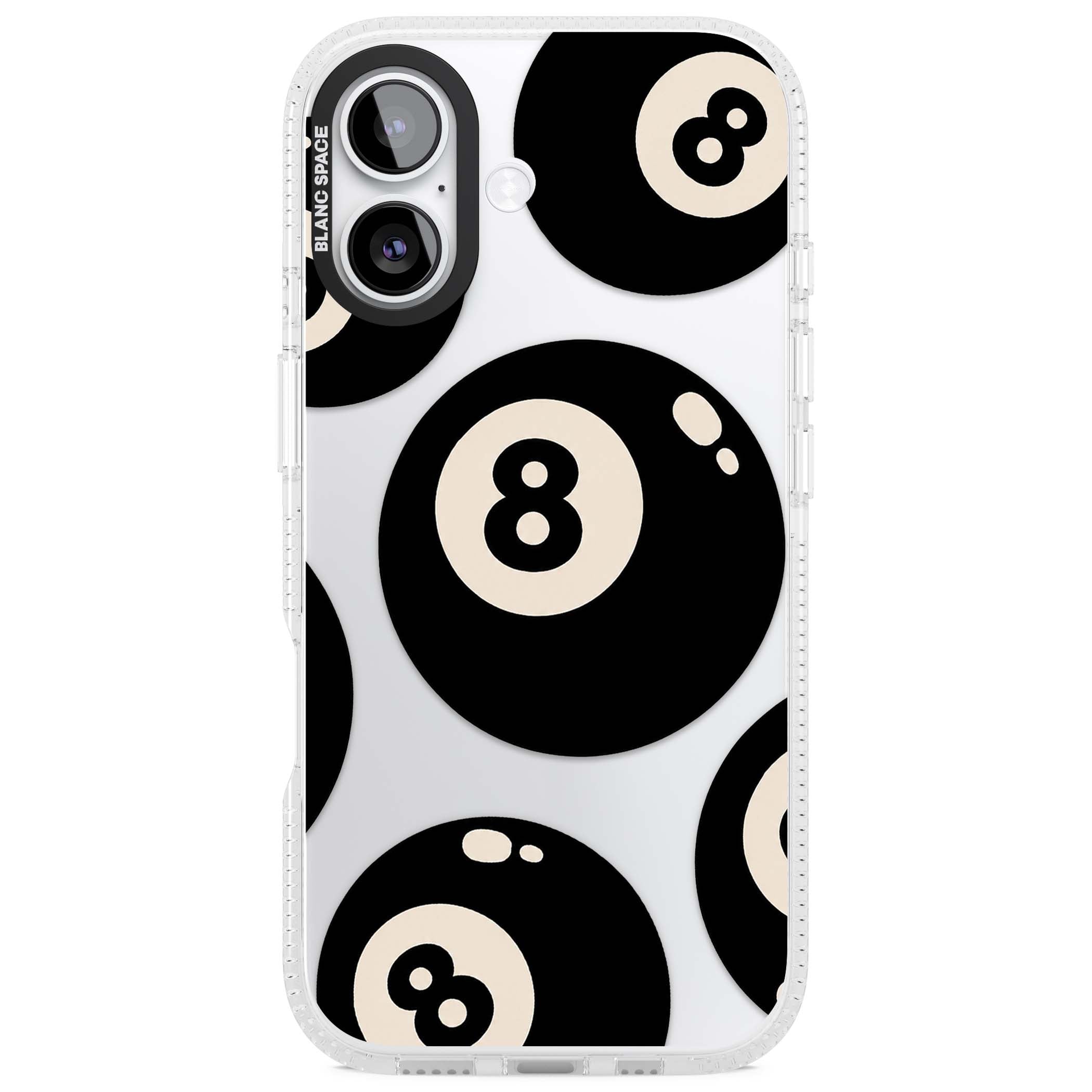 Eights y2k iPhone case featuring scattered black 8 balls with cream highlights on a clear background | Clear Case Impact Air case for iPhone 17