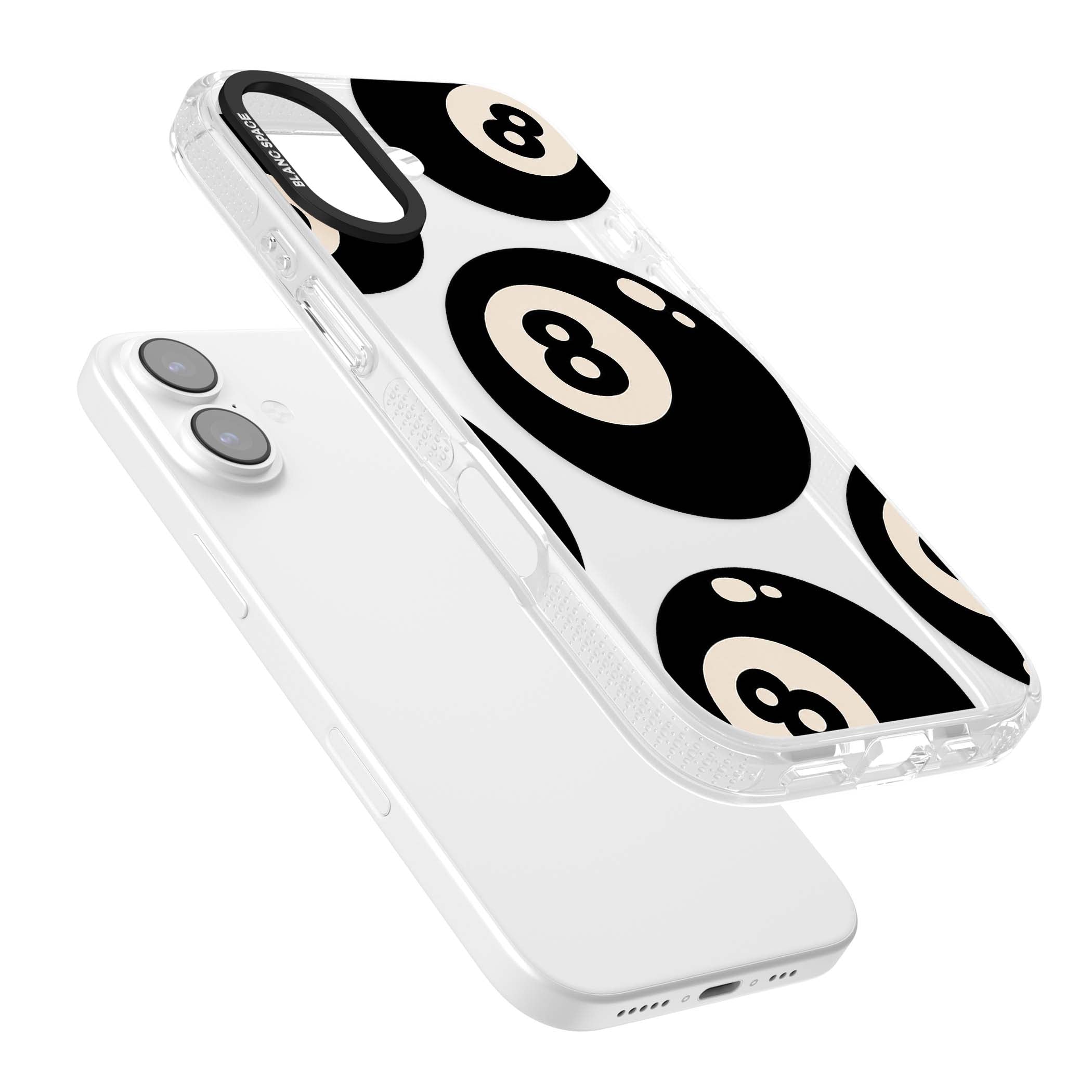 Eights y2k iPhone case featuring scattered black 8 balls with cream highlights on a clear background | Clear Case Impact Air case for iPhone 17