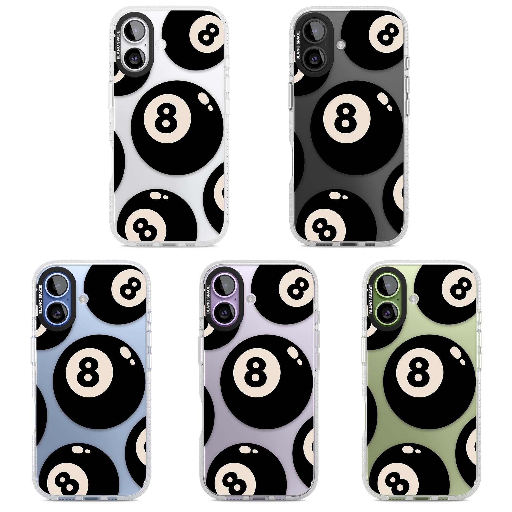 Eights y2k iPhone case featuring scattered black 8 balls with cream highlights on a clear background | Clear Case Impact Air case for iPhone 17