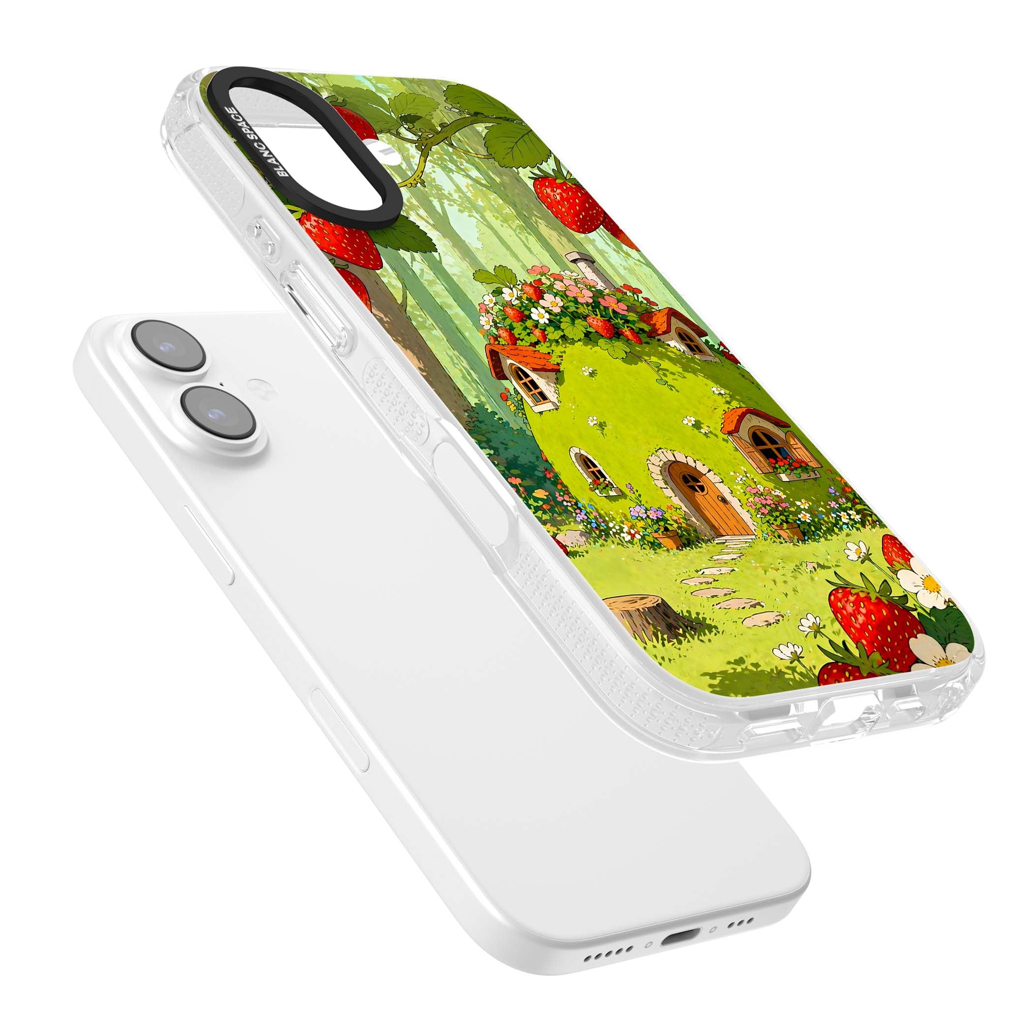 Strawberry Cottage cottagecore iPhone case featuring a green fairy house, wild strawberries and enchanted forest flowers | Clear Case Impact Air case for iPhone 17