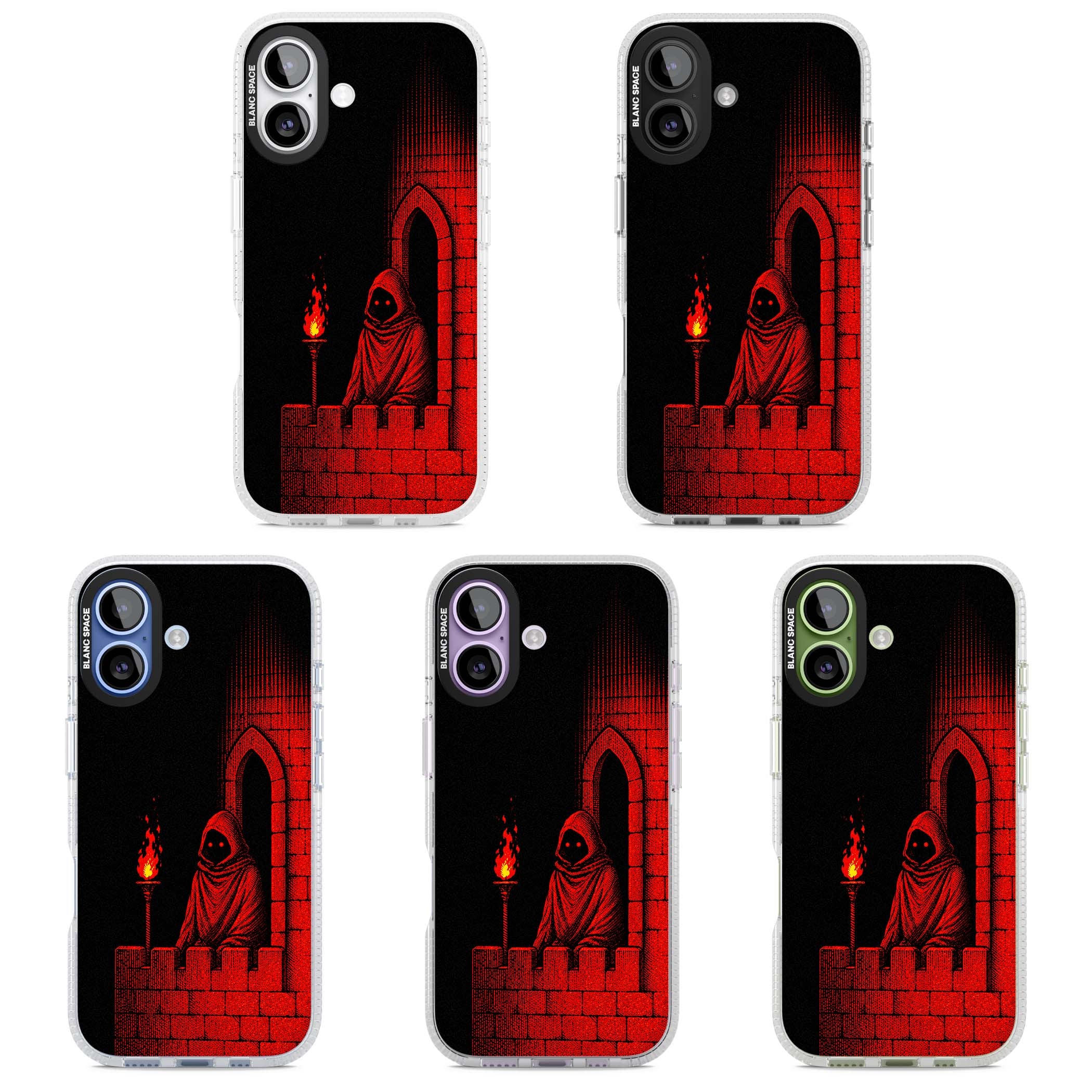 Crimson Crypt gothic iPhone case featuring a hooded reaper, torchlit crypt archway and red halftone horror art | Clear Case Impact Air case for iPhone 17
