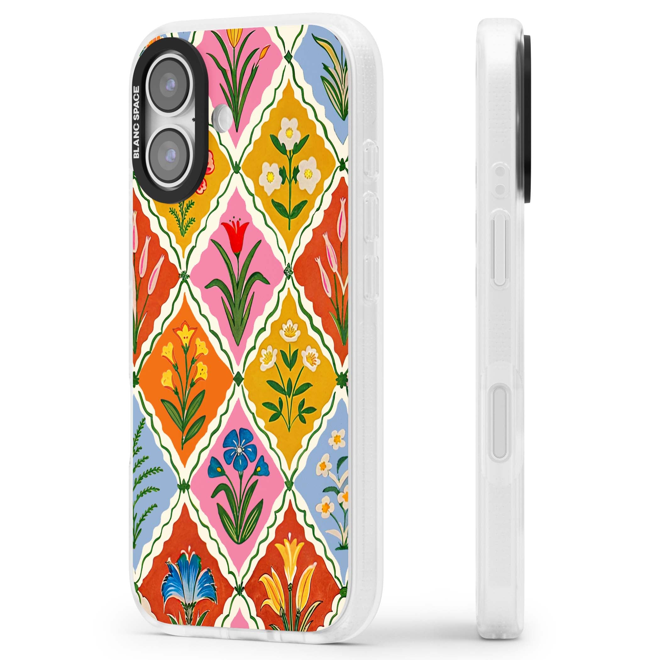 Floral Quilt boho floral iPhone case featuring diamond lattice pattern, hand-painted tulips and folk art wildflowers | Clear Case Impact Air case for iPhone 17