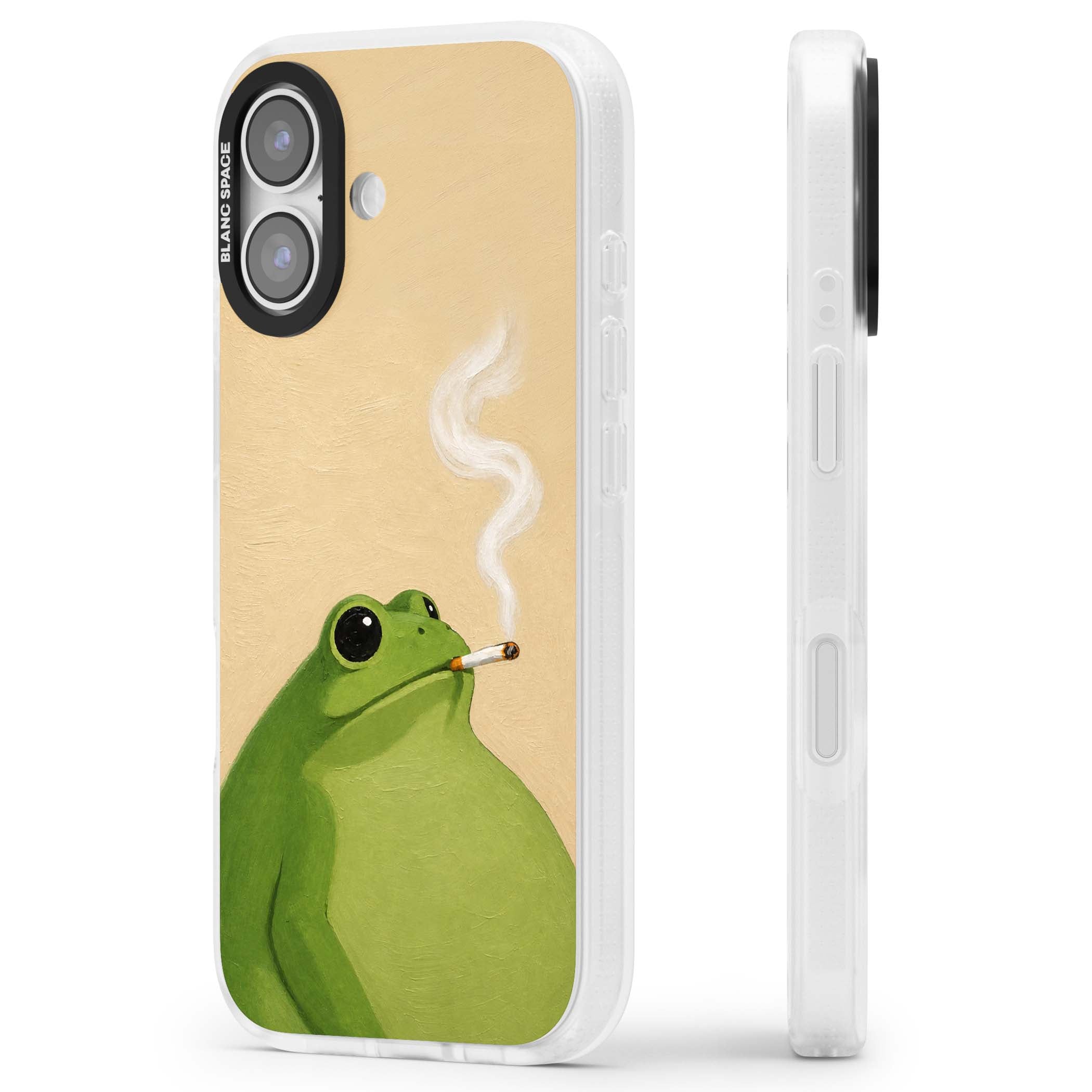 The Smoking Frog cottagecore iPhone case featuring a hand-painted green frog smoking a cigarette on a cream oil painting back | Clear Case Impact Air case for iPhone 17