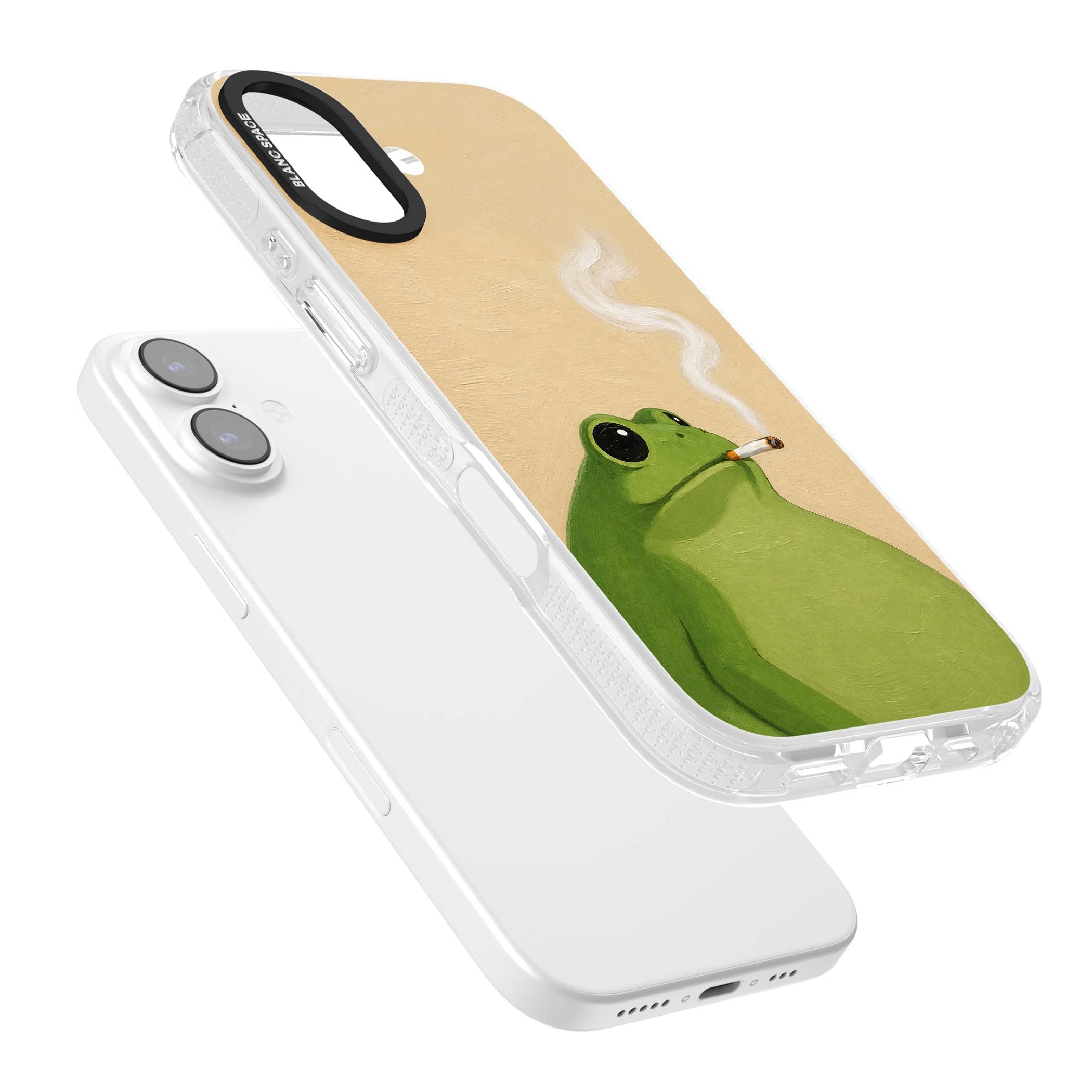 The Smoking Frog cottagecore iPhone case featuring a hand-painted green frog smoking a cigarette on a cream oil painting back | Clear Case Impact Air case for iPhone 17