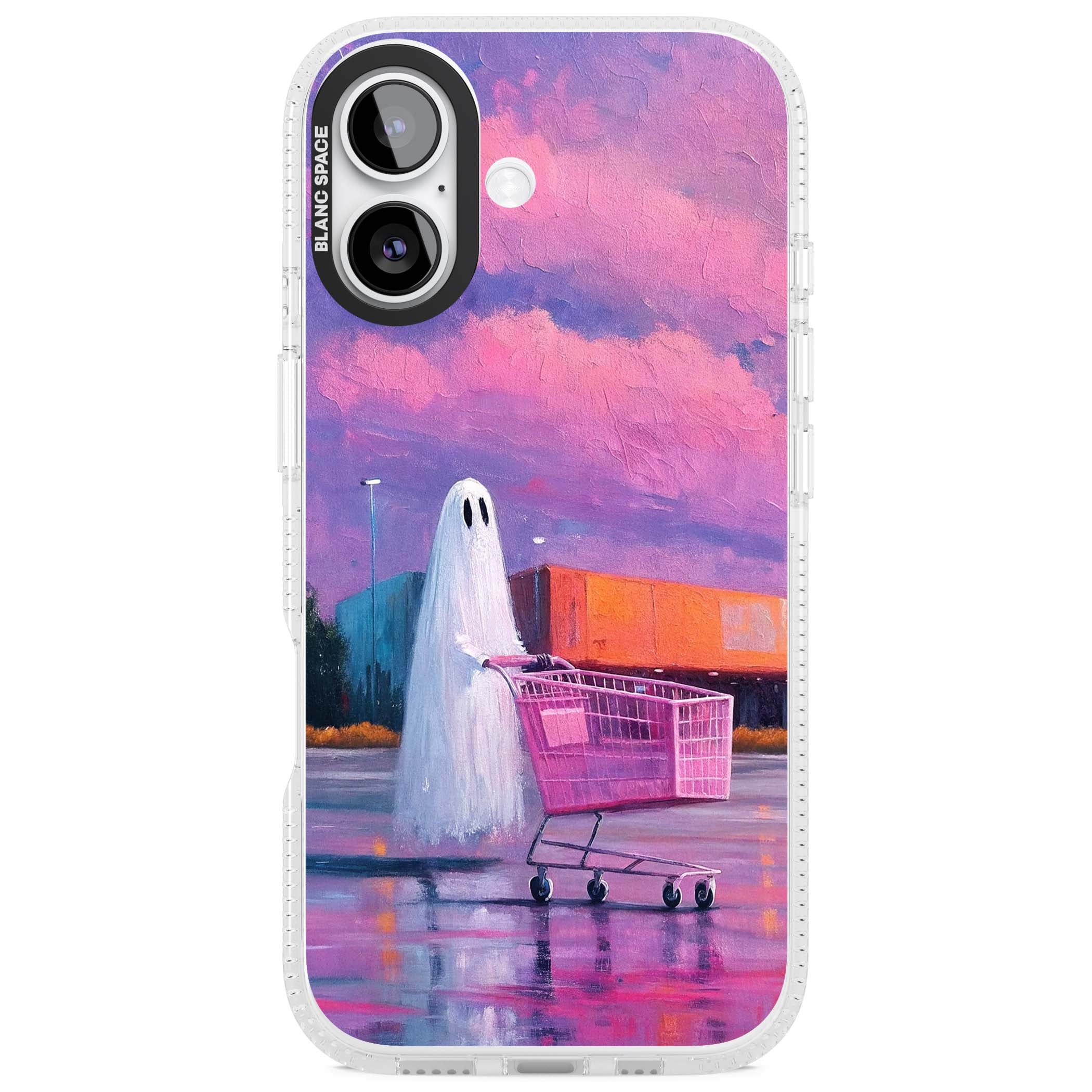 A Ghost's Errand ghost halloween iPhone case featuring a painted ghost, pink shopping trolley and purple sunset sky | Clear Case Impact Air case for iPhone 17