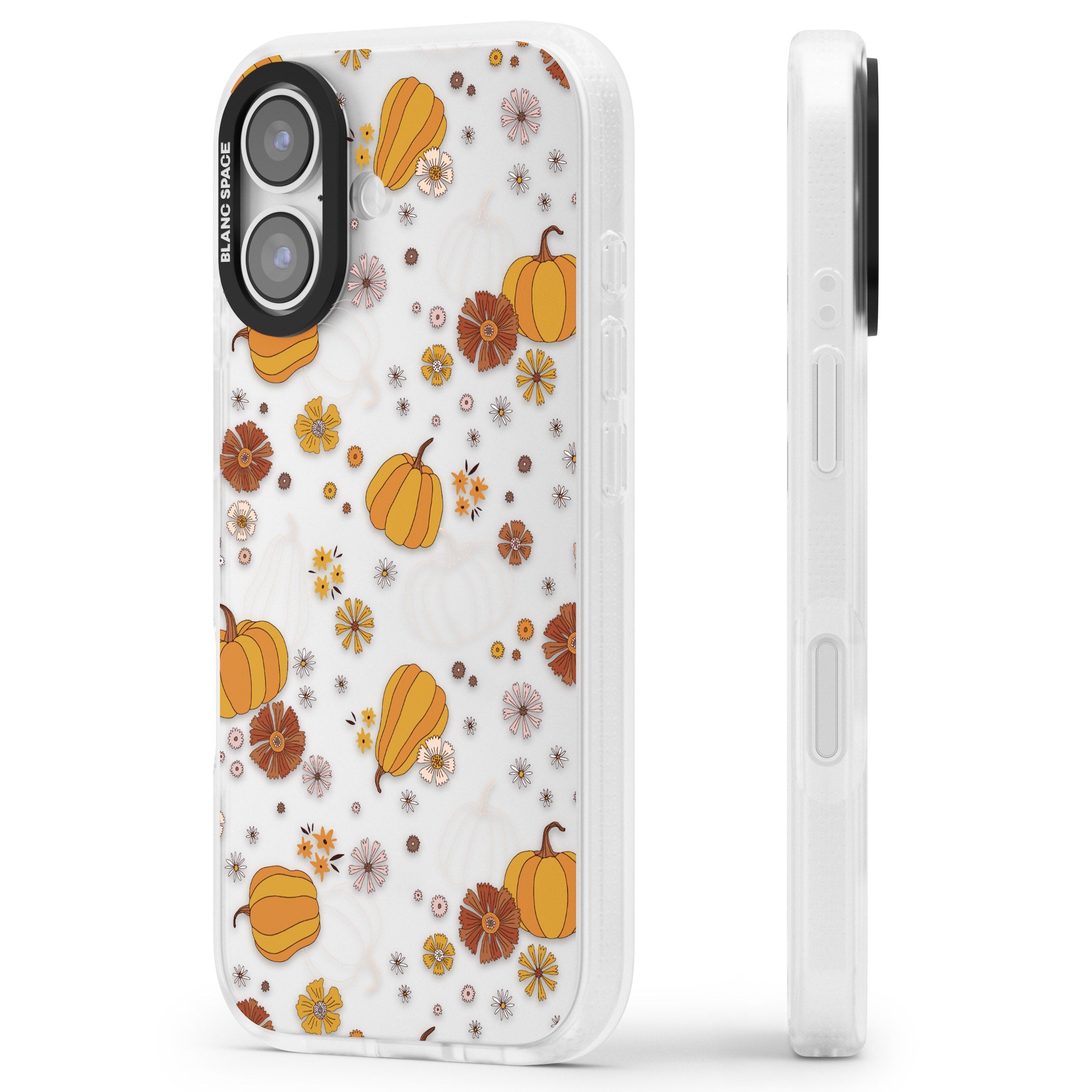 Halloween Pumpkins And Flowers iPhone 17 Impact Air Clear Phone Case Side Profile