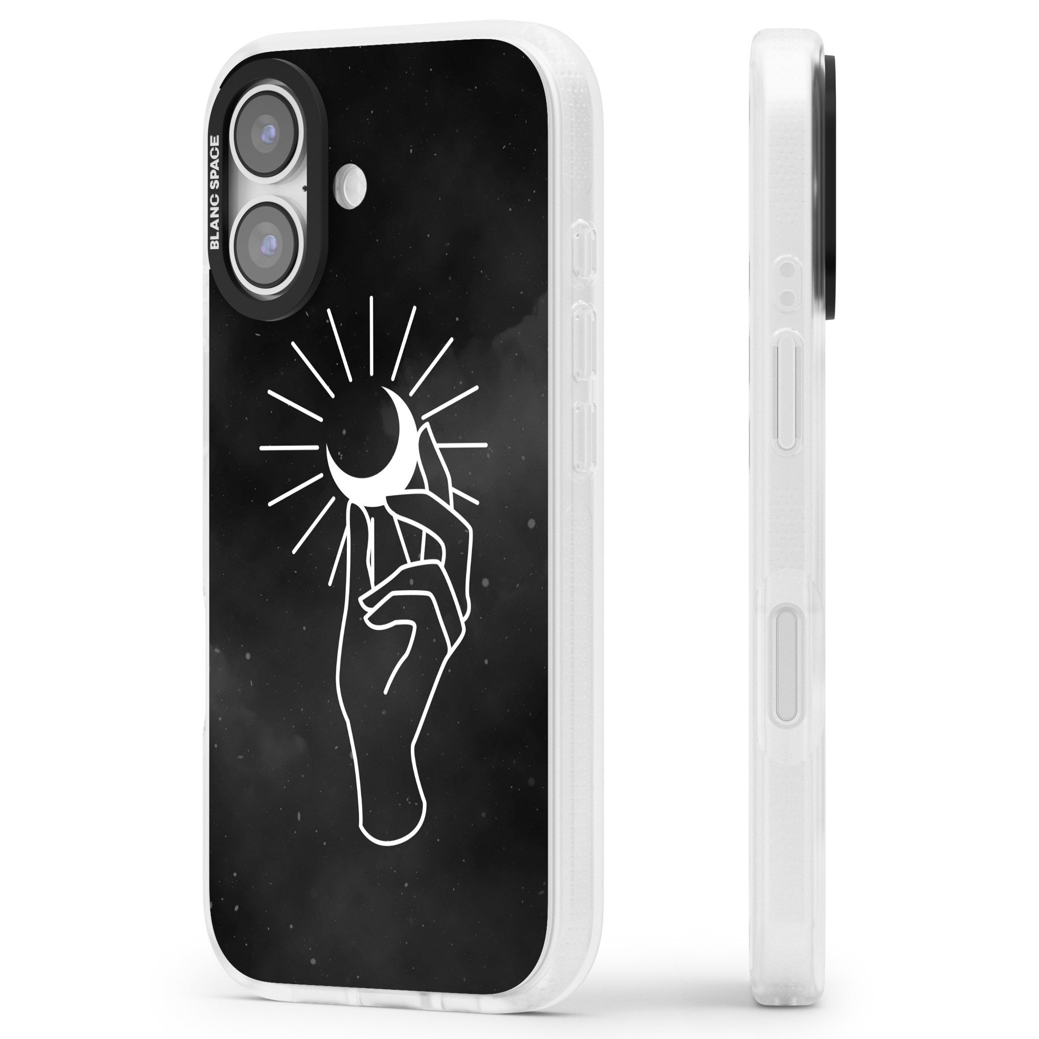 Hand Holding Celestial Moon iPhone 17 Impact Air Clear Phone Case Side Profile