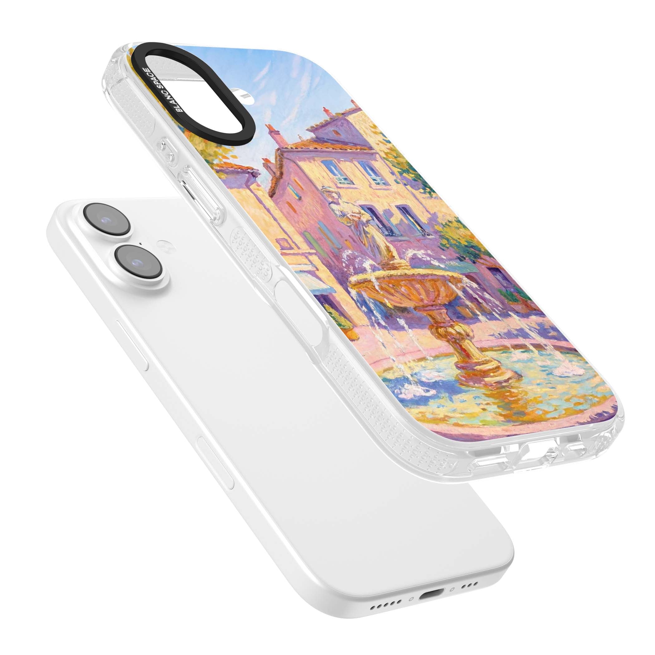 Fountain Square fine art iPhone case featuring an impressionist Provençal fountain, pastel village buildings and summe | Clear Case Impact Air case for iPhone 17