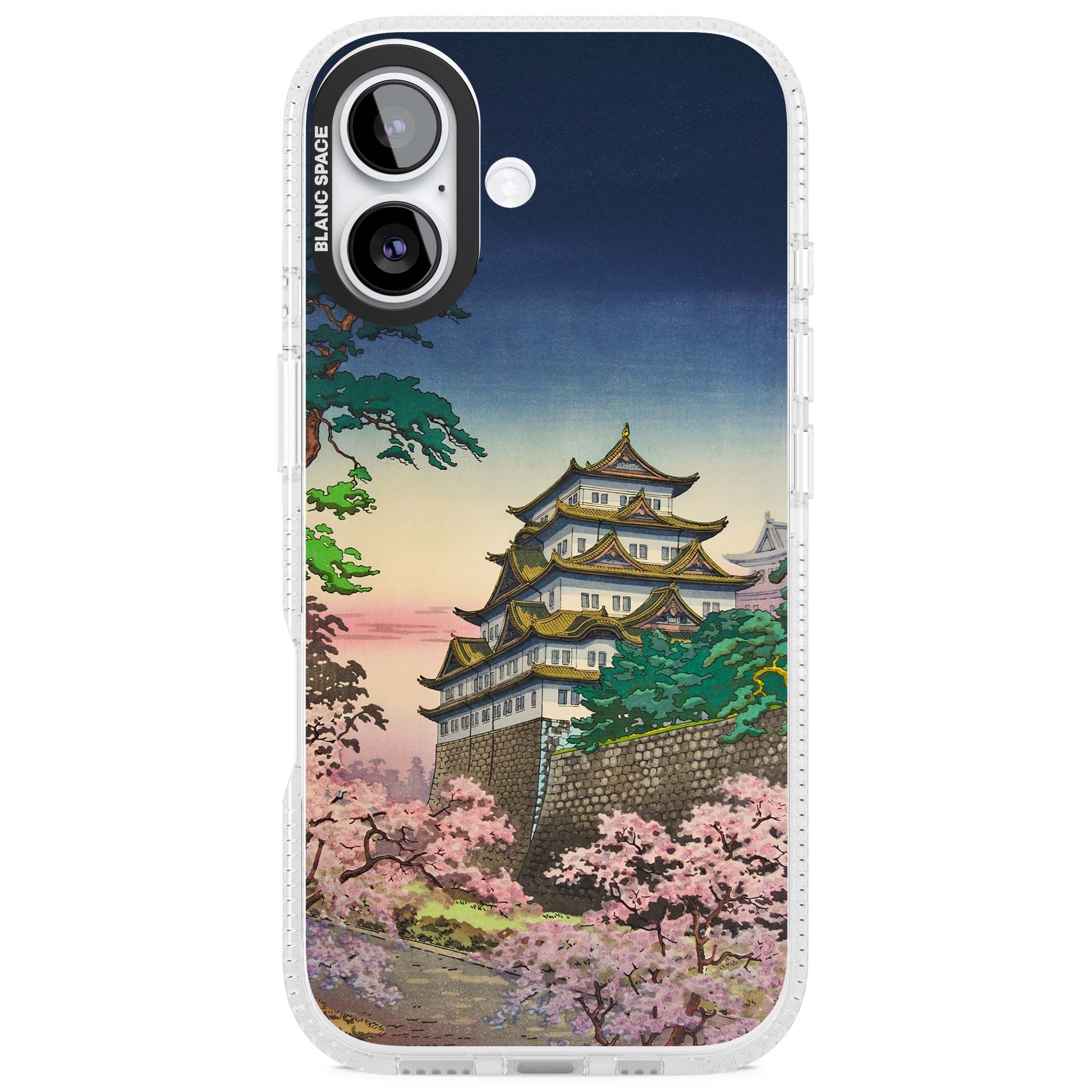 Nagoya Castle Japanese iPhone case featuring a vintage pagoda, twilight sky and cherry blossom trees | Clear Case Impact Air case for iPhone 17