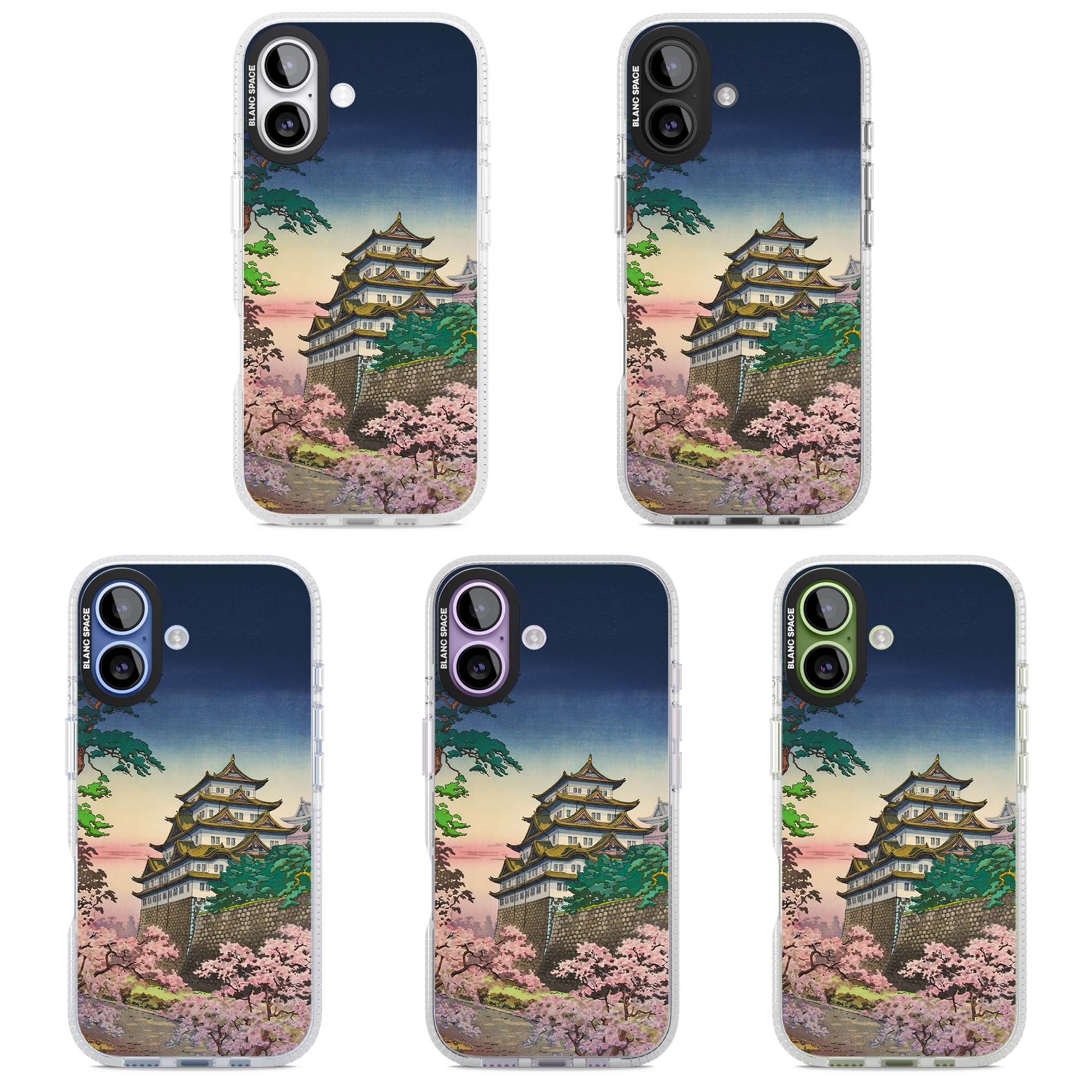 Nagoya Castle Japanese iPhone case featuring a vintage pagoda, twilight sky and cherry blossom trees | Clear Case Impact Air case for iPhone 17