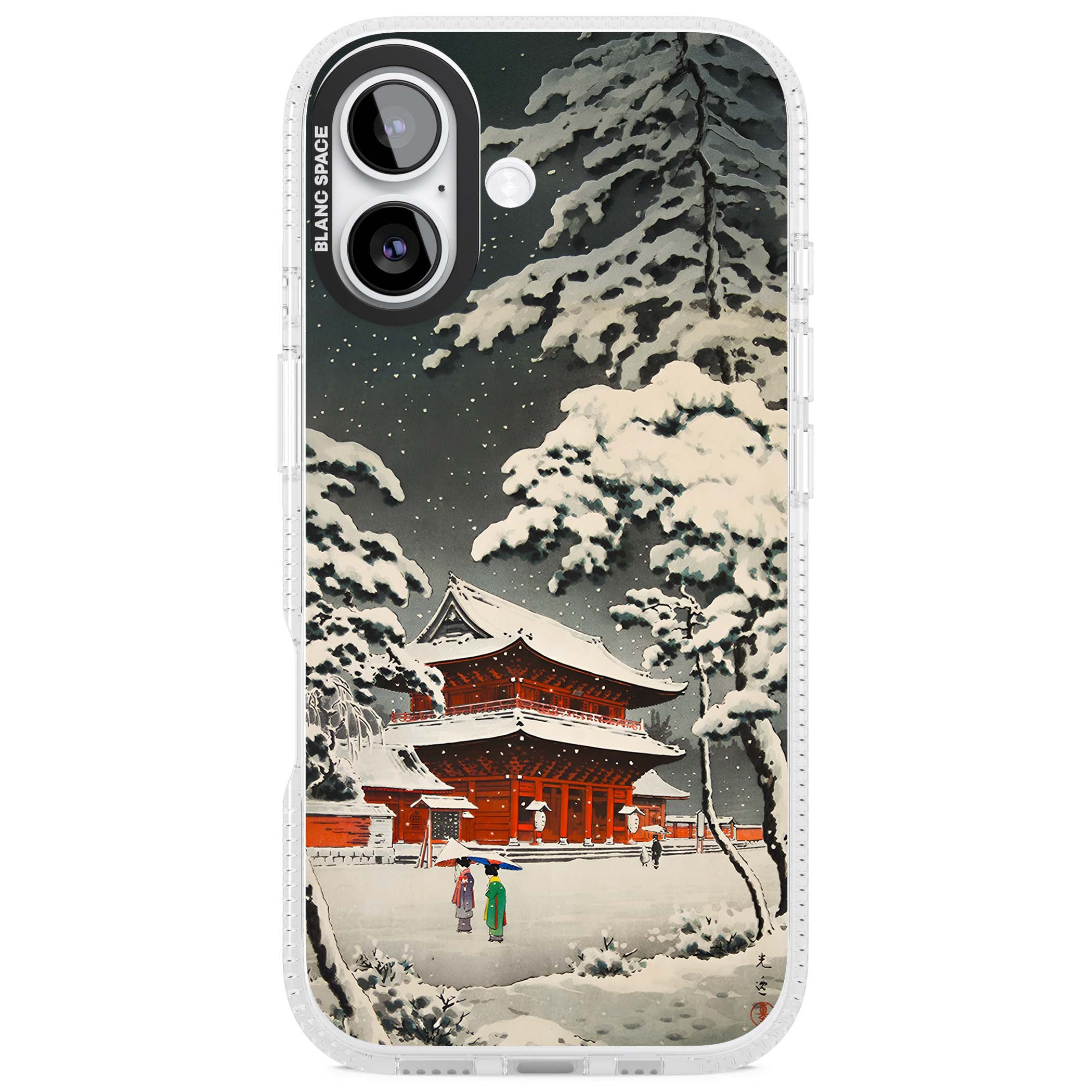 Snow at Shiha Park, Tokyo Japanese art iPhone case featuring a vintage ukiyo-e snowy temple, red pagoda, and snow-covered pin | Clear Case Impact Air case for iPhone 17