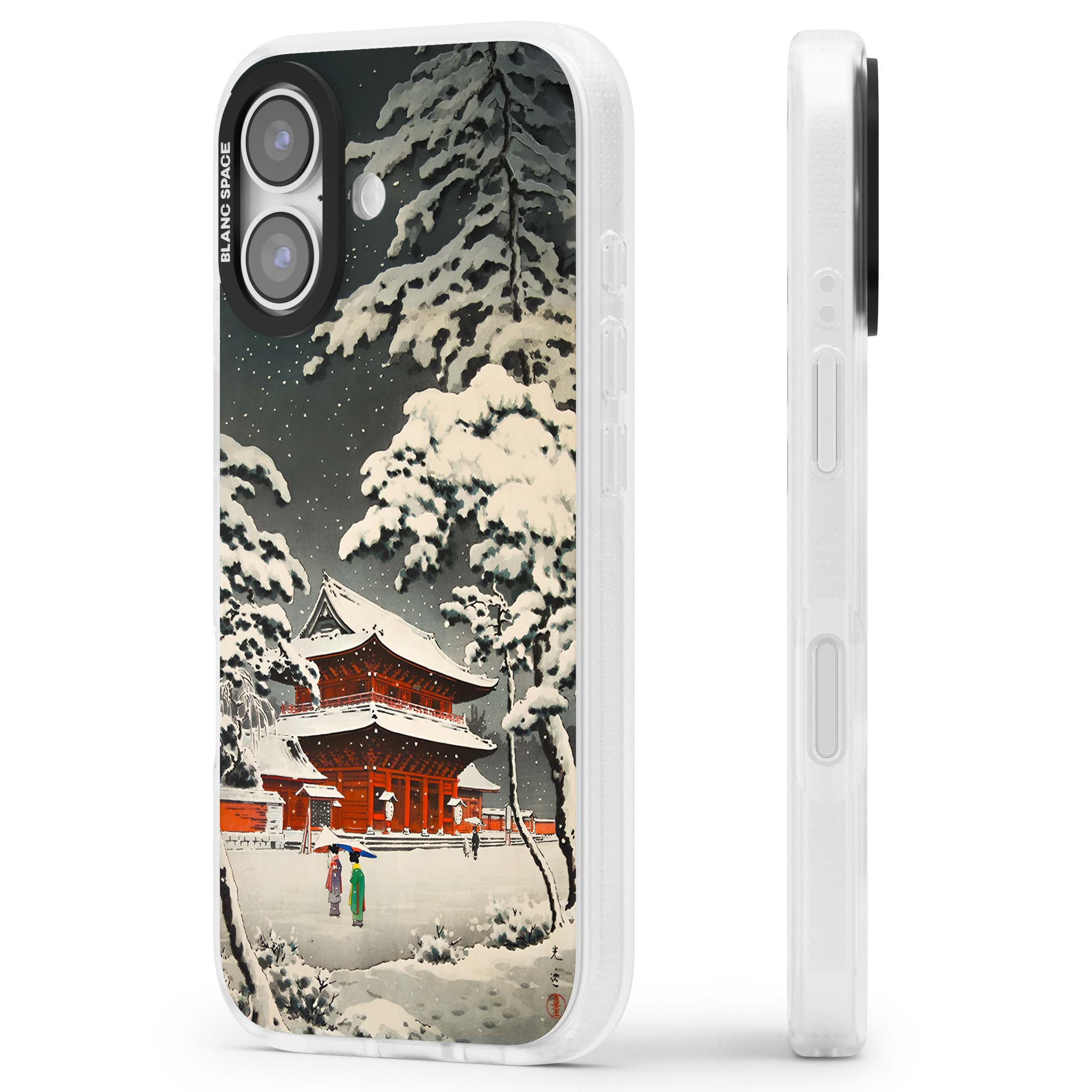Snow at Shiha Park, Tokyo Japanese art iPhone case featuring a vintage ukiyo-e snowy temple, red pagoda, and snow-covered pin | Clear Case Impact Air case for iPhone 17