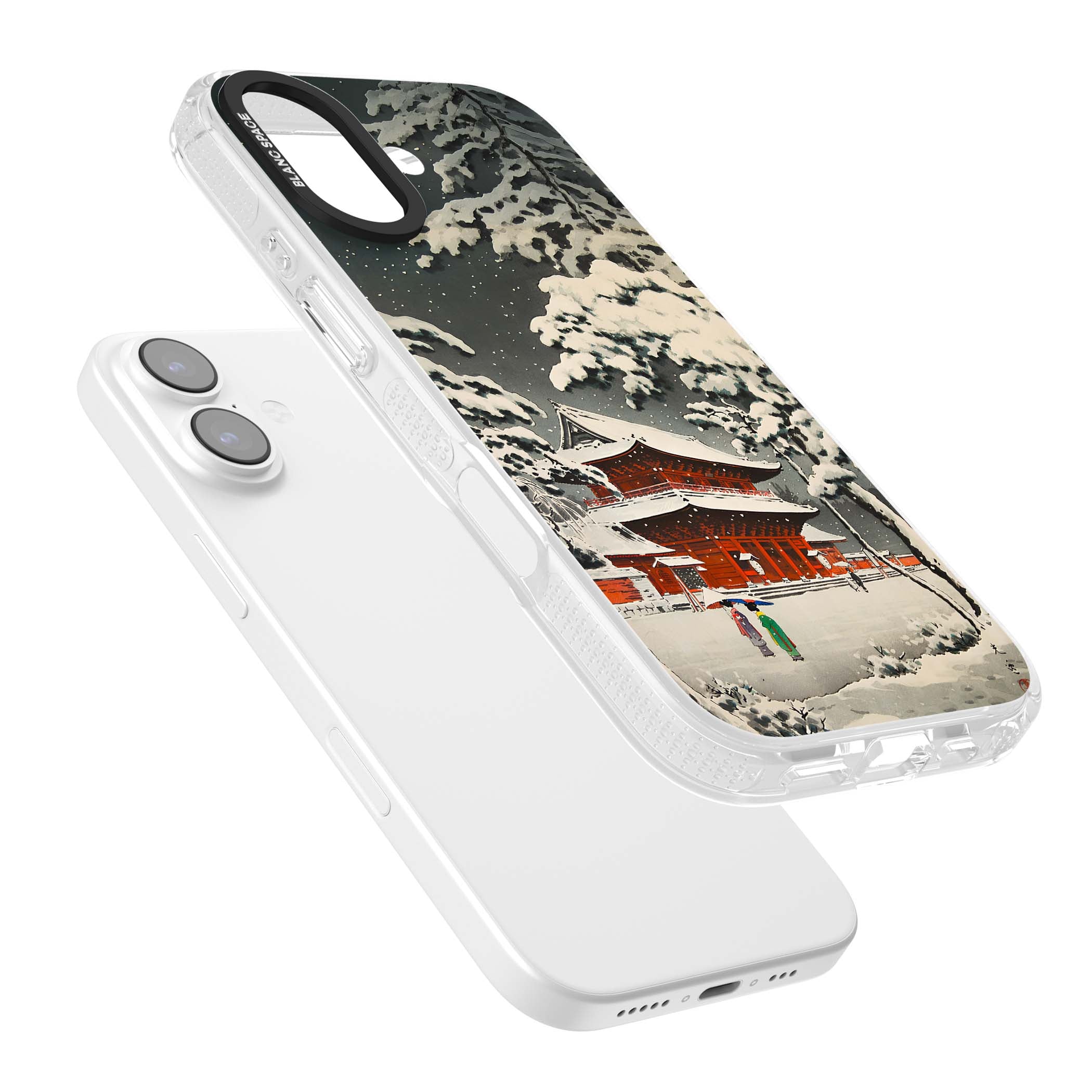Snow at Shiha Park, Tokyo Japanese art iPhone case featuring a vintage ukiyo-e snowy temple, red pagoda, and snow-covered pin | Clear Case Impact Air case for iPhone 17