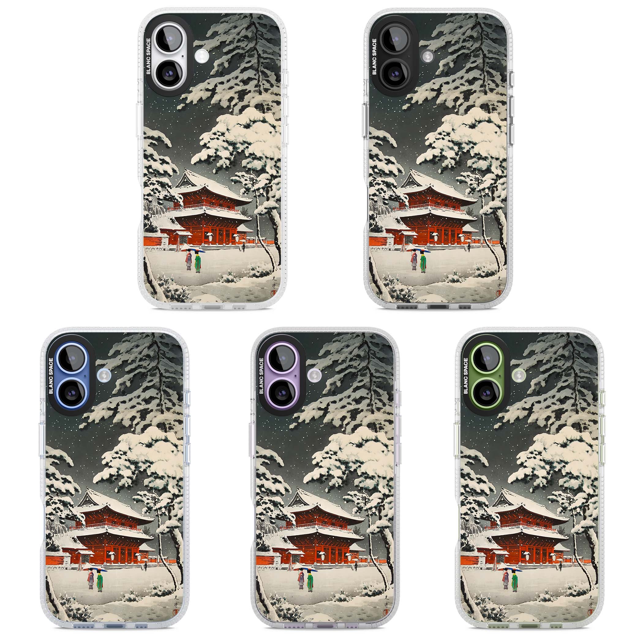Snow at Shiha Park, Tokyo Japanese art iPhone case featuring a vintage ukiyo-e snowy temple, red pagoda, and snow-covered pin | Clear Case Impact Air case for iPhone 17