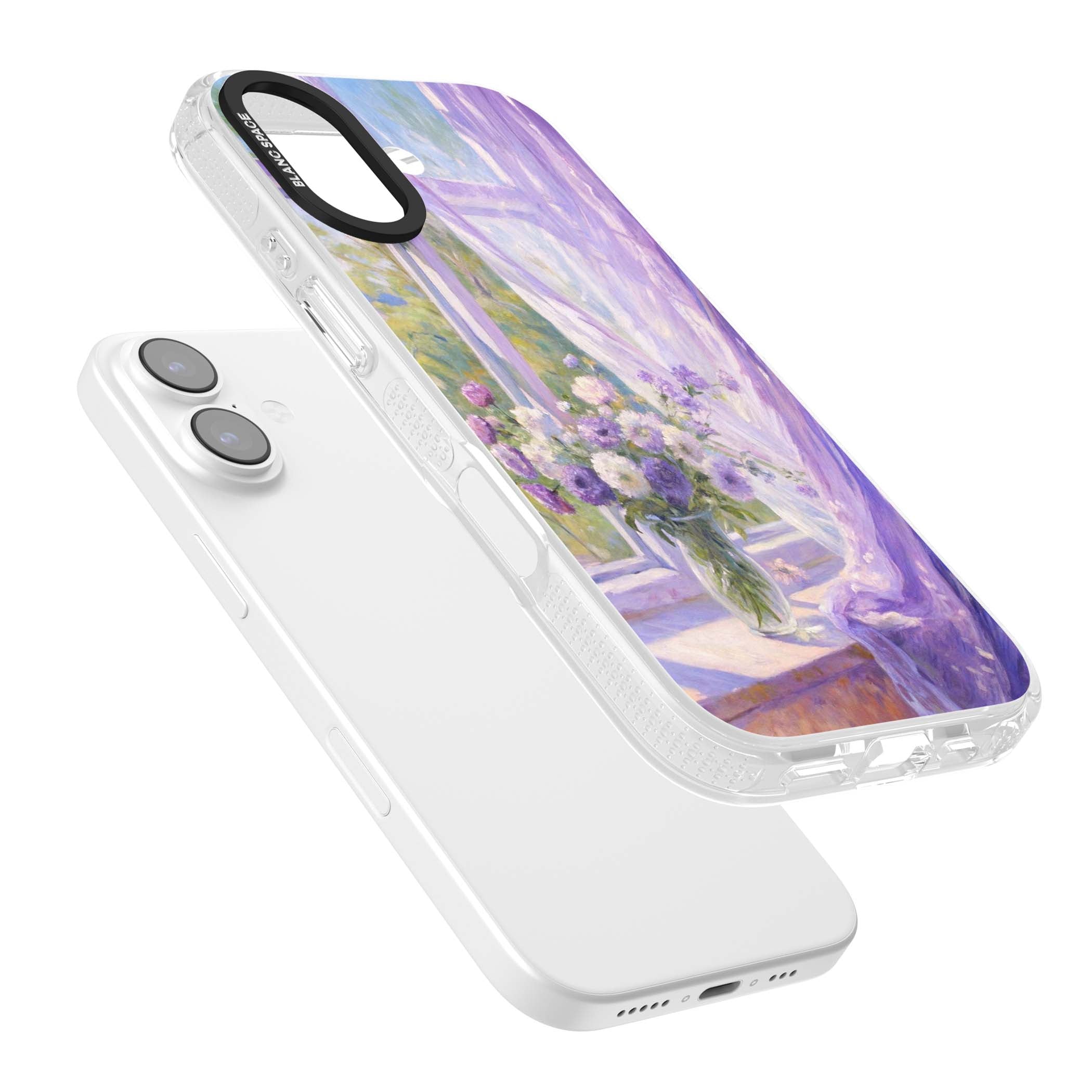 A Provence Morning impressionist art iPhone case featuring a vase of purple flowers, sunlit window and sheer curt | Clear Case Impact Air case for iPhone 17