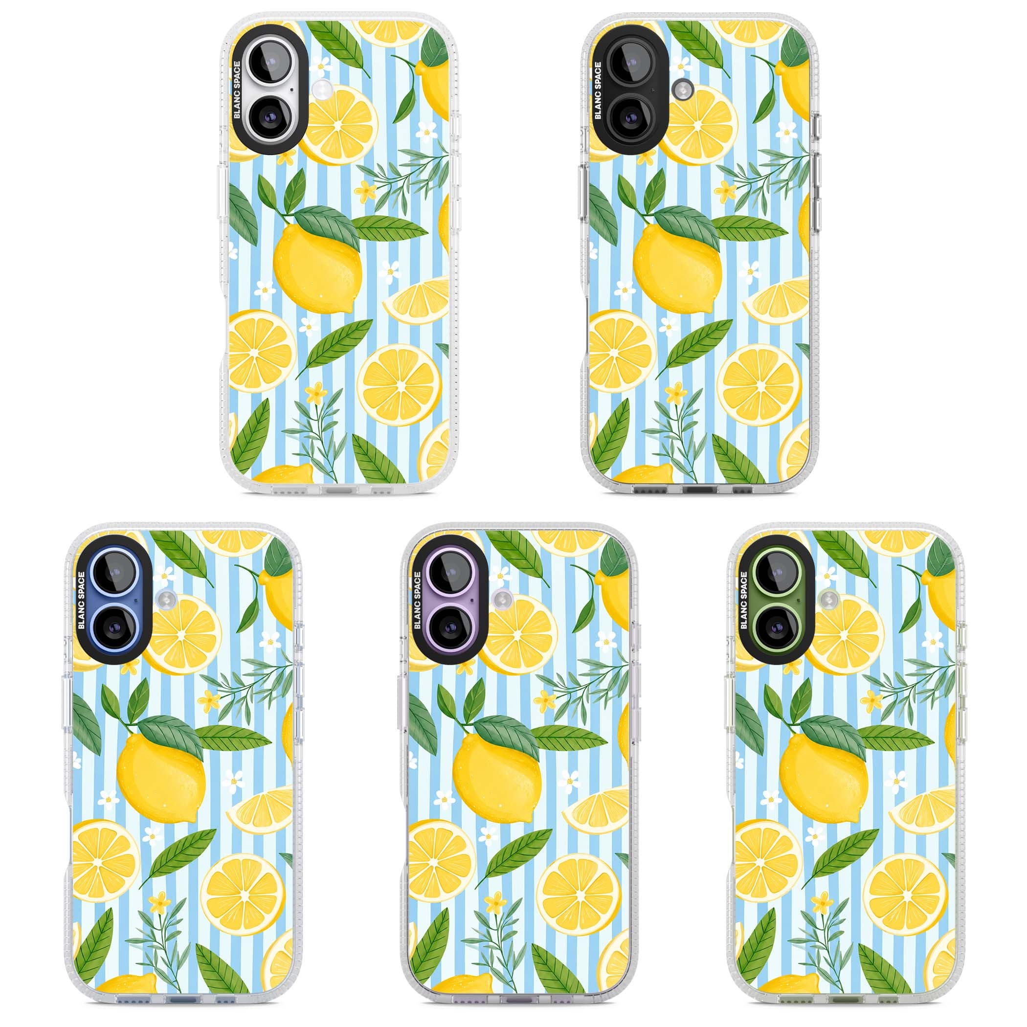 Capri Citrus Stripe coastal iPhone case featuring yellow lemons, blue stripes, and white daisy blossoms | Clear Case Impact Air case for iPhone 17