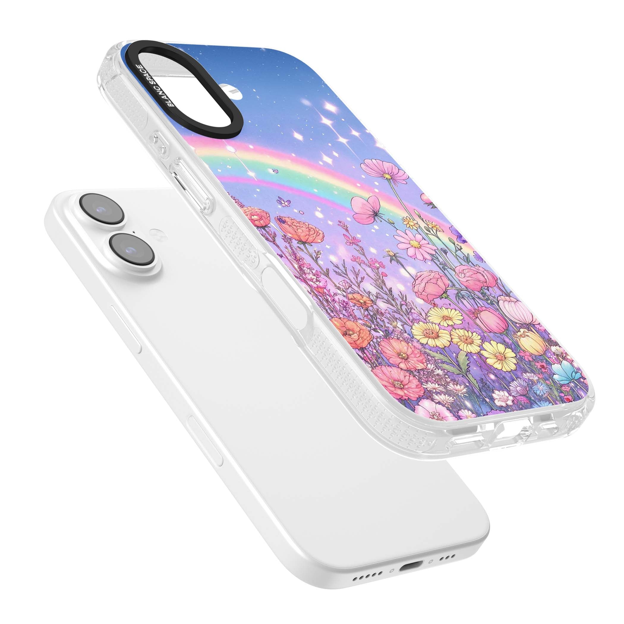 Magical Meadow fairycore iPhone case featuring a pastel rainbow, sparkling stars and a wildflower meadow | Clear Case Impact Air case for iPhone 17