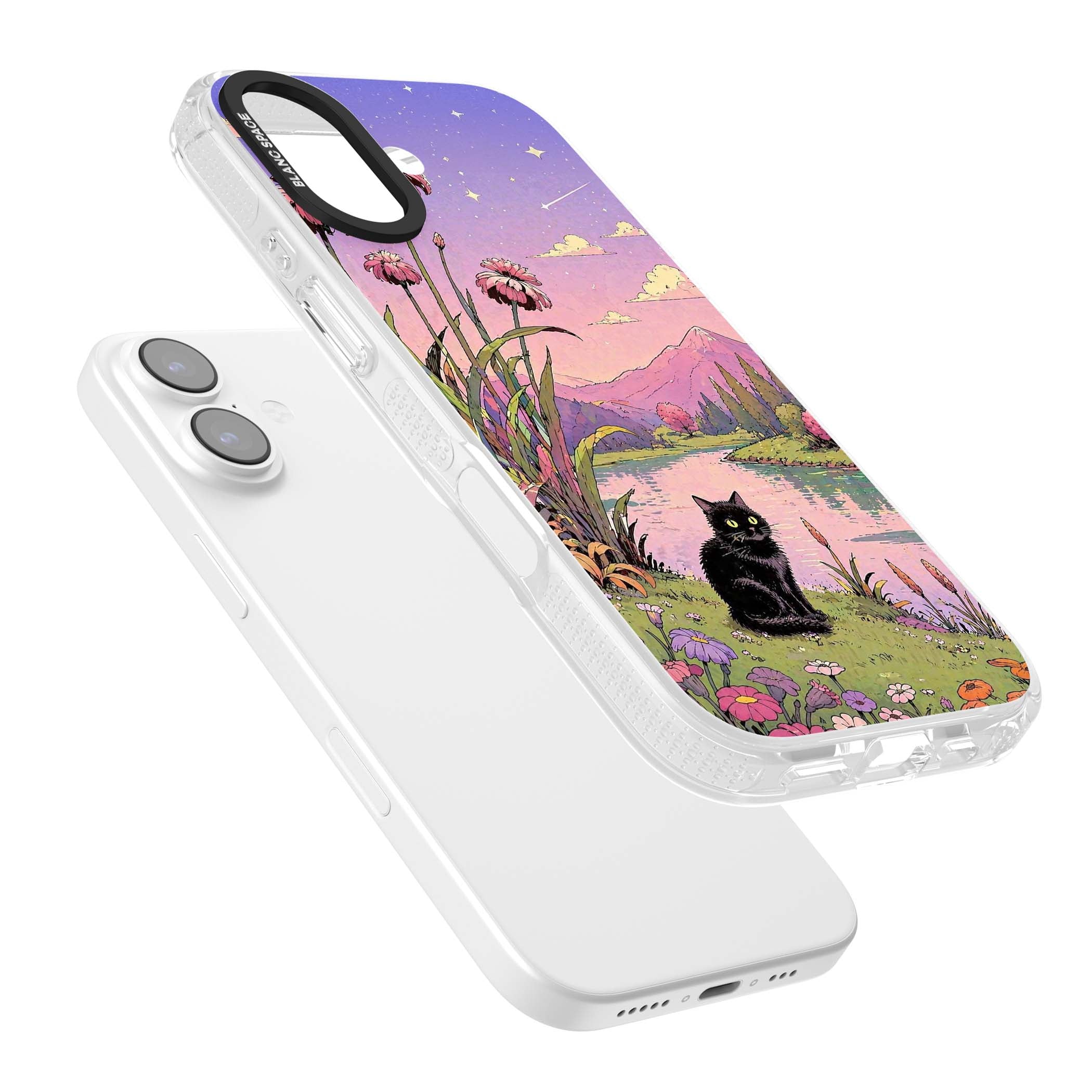 Mystic Whiskers ghibli iPhone case featuring a black cat by a pastel lake, wildflowers and a starry sunset sky | Clear Case Impact Air case for iPhone 17