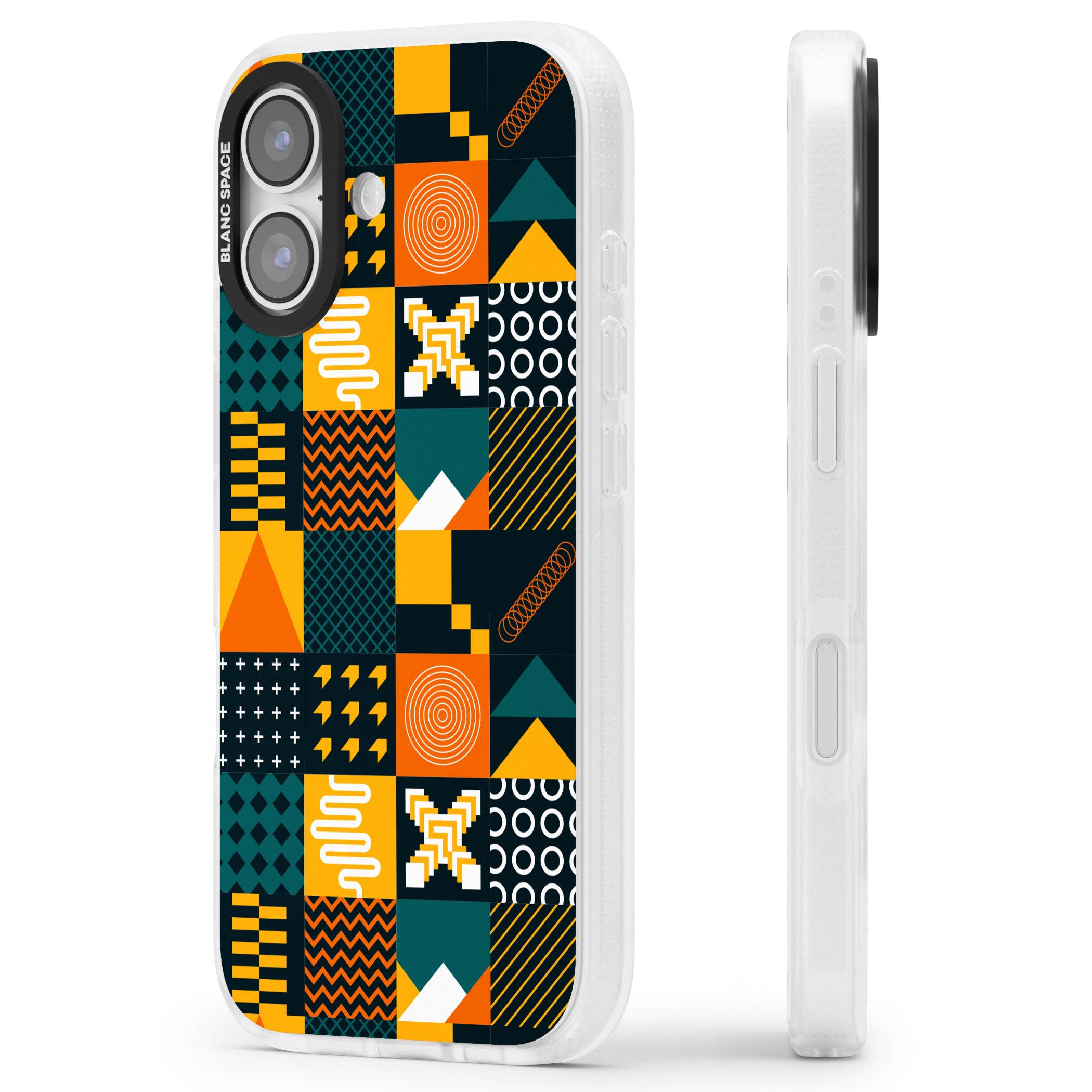 Funky Geometric Patterns: Orange & Dark Green iPhone 17 Impact Air Clear Phone Case Side Profile