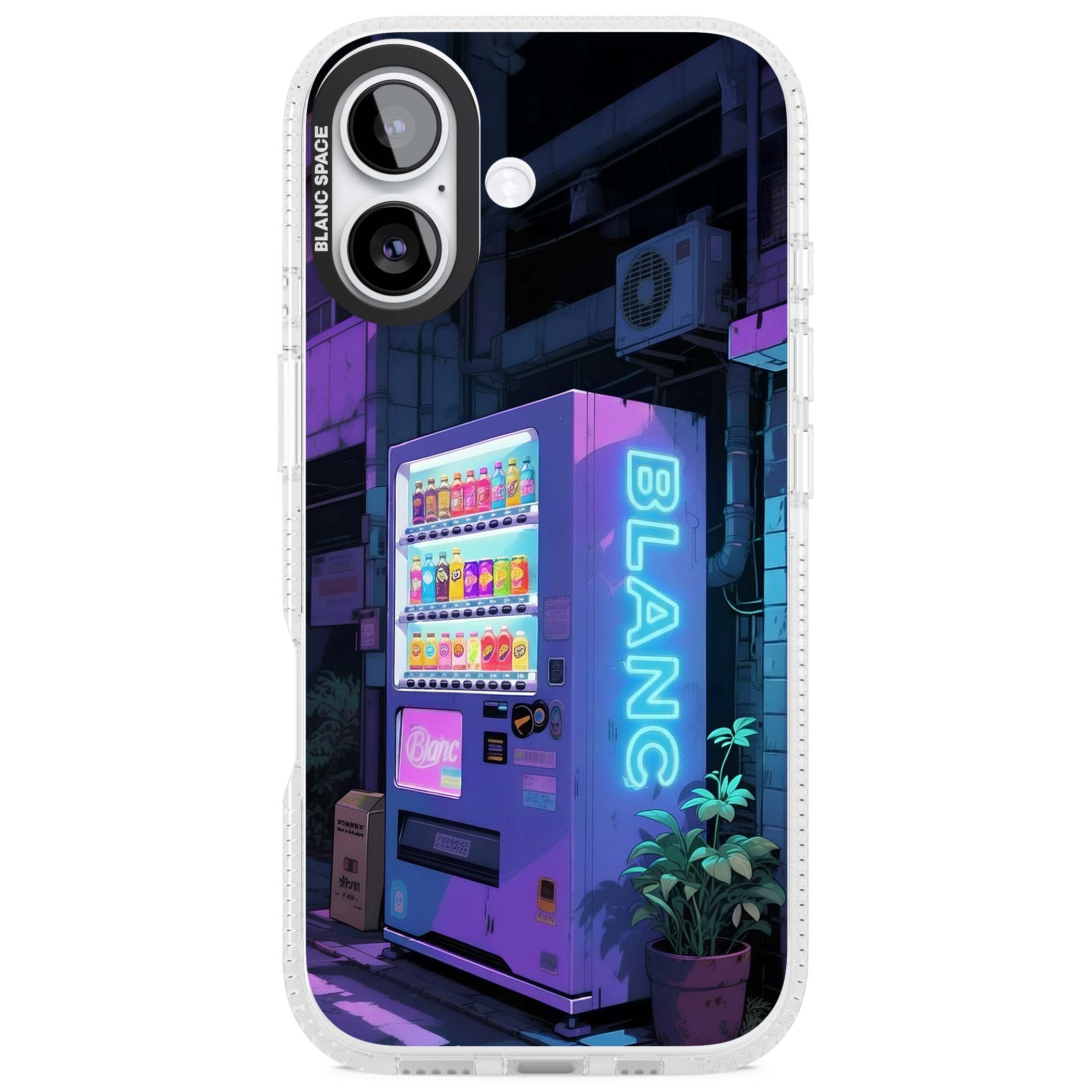Shibuya Glow Japanese iPhone case featuring a glowing Tokyo vending machine, neon signage, and moody purple alleyway | Clear Case Impact Air case for iPhone 17