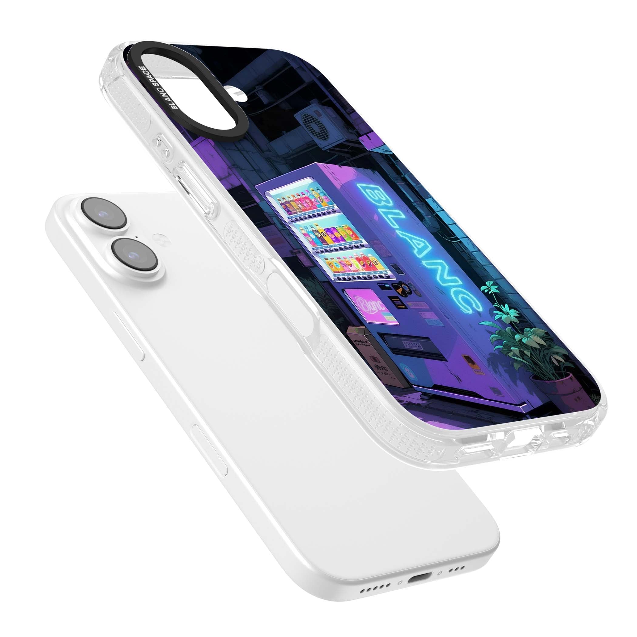 Shibuya Glow Japanese iPhone case featuring a glowing Tokyo vending machine, neon signage, and moody purple alleyway | Clear Case Impact Air case for iPhone 17