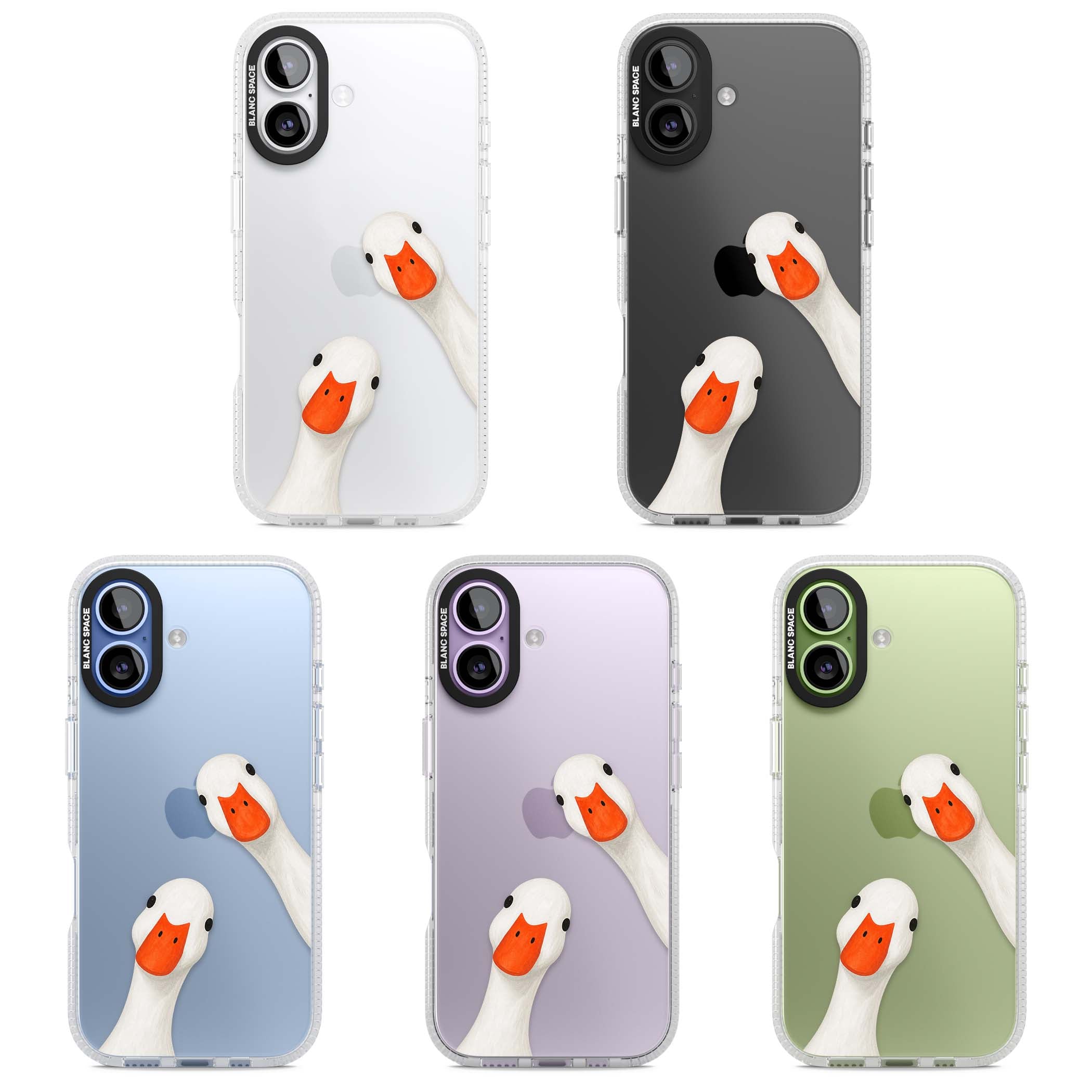 Nosy Ducks cottagecore iPhone case featuring two peeking white ducks with orange beaks on a clear background | Clear Case Impact Air case for iPhone 17
