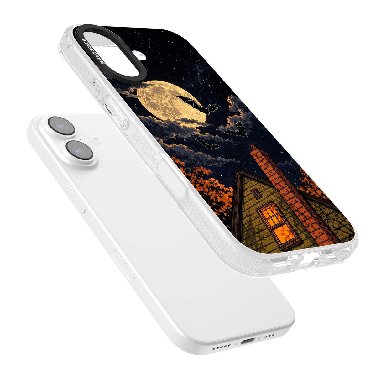 Hollows Eve Halloween iPhone case featuring a haunted house, full moon and flying bats against a starry autumn sky | Clear Case Impact Air case for iPhone 17