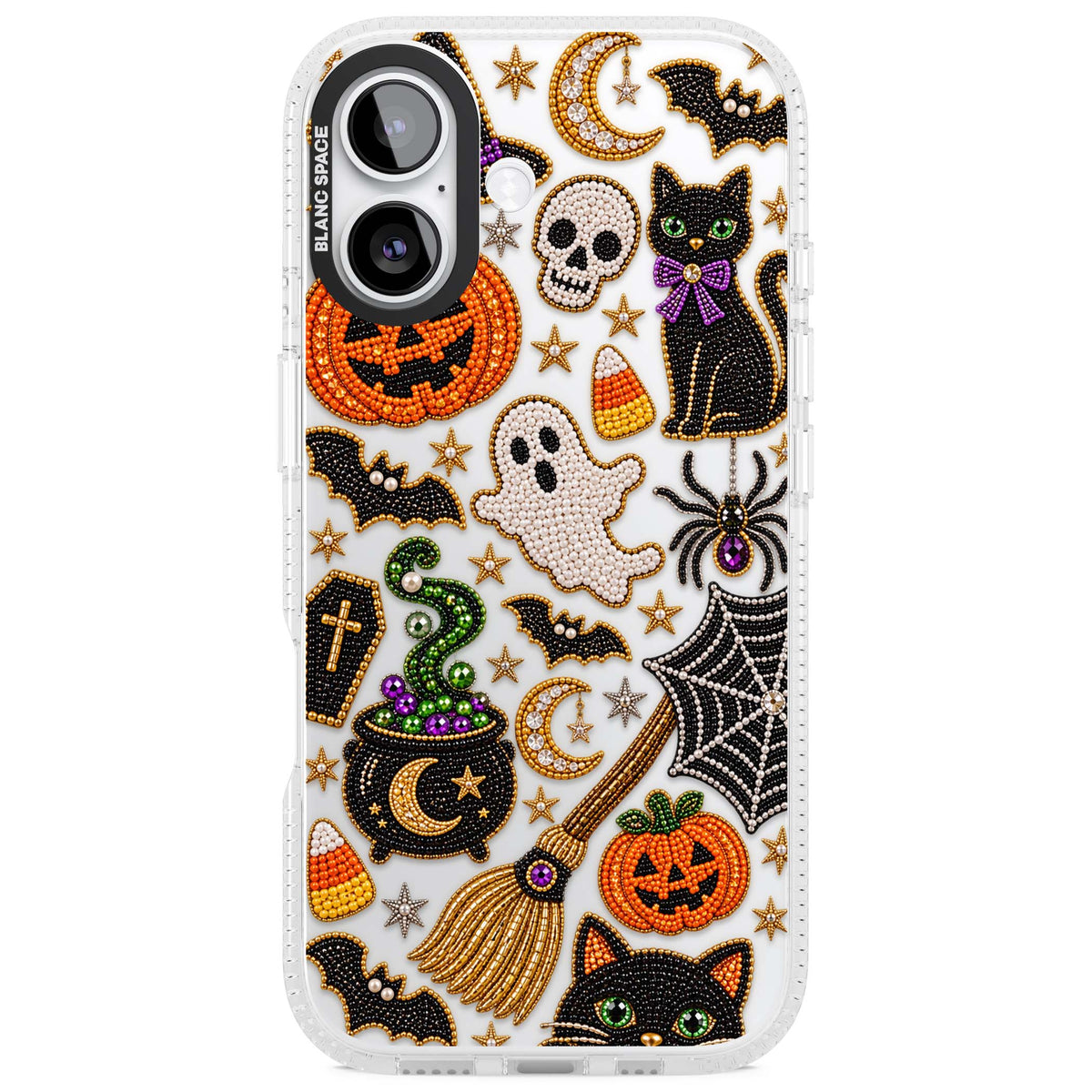 Beaded Halloween Halloween iPhone case featuring beaded pumpkins, ghosts, black cats and bats | Clear Case Impact Air case for iPhone 17