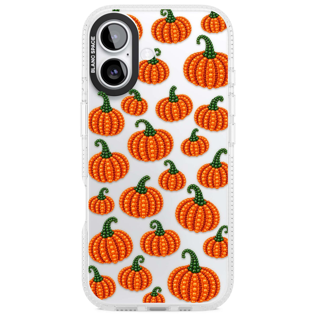 Beaded Pumpkins halloween iPhone case featuring beaded orange pumpkins with green stems on a clear background | Clear Case Impact Air case for iPhone 17