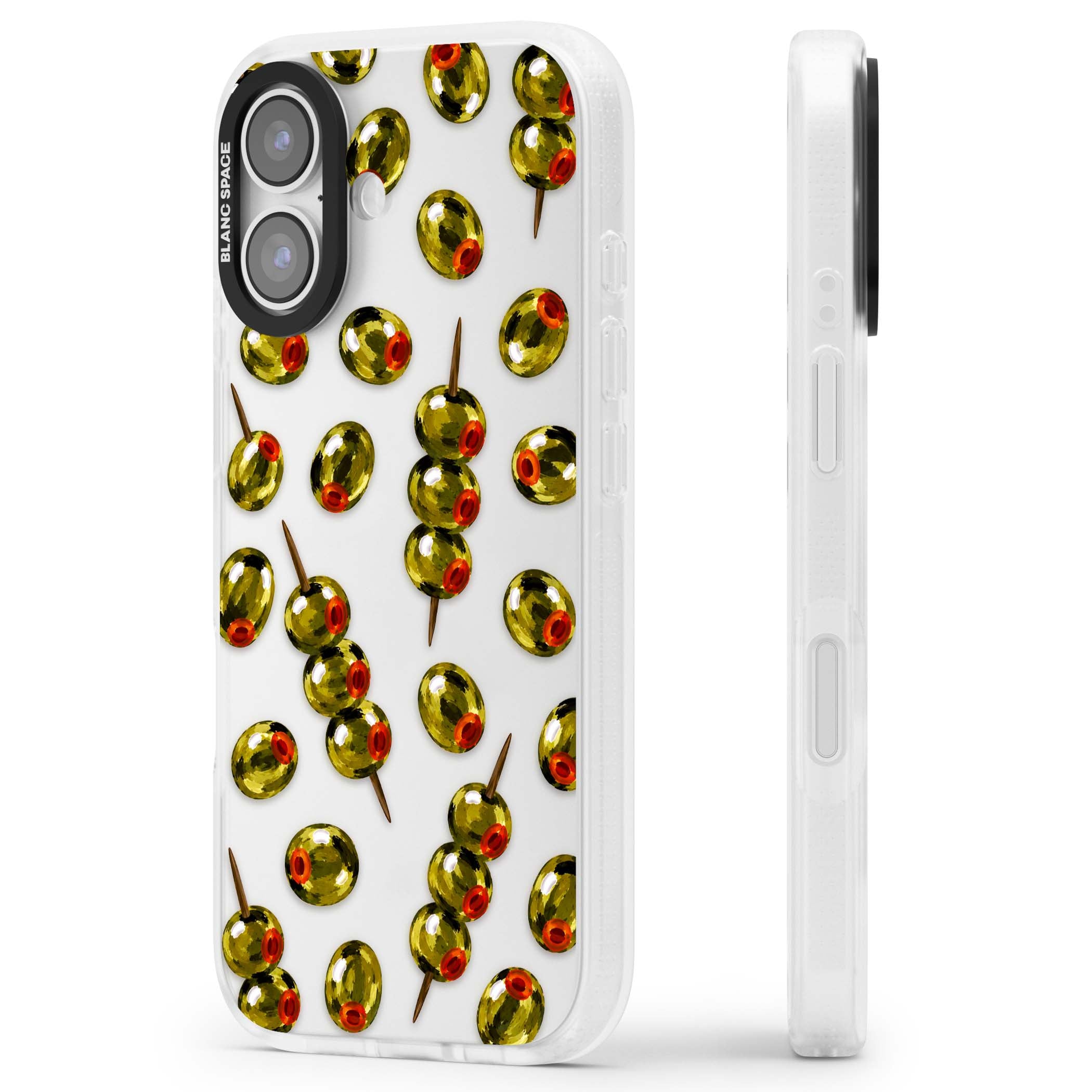 Painted Olives cocktail iPhone case featuring green olives, pimento centres and toothpick skewers on a clear background | Clear Case Impact Air case for iPhone 17
