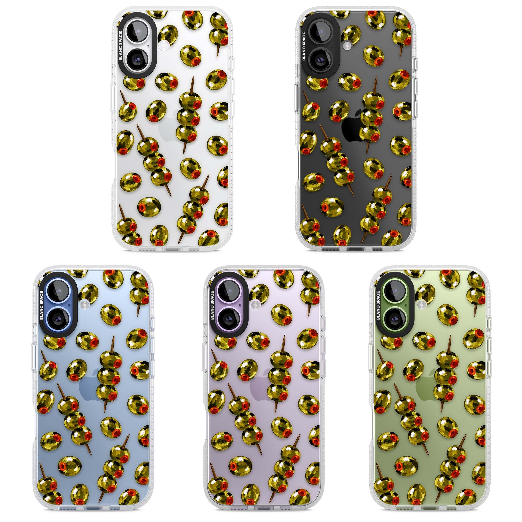 Painted Olives cocktail iPhone case featuring green olives, pimento centres and toothpick skewers on a clear background | Clear Case Impact Air case for iPhone 17