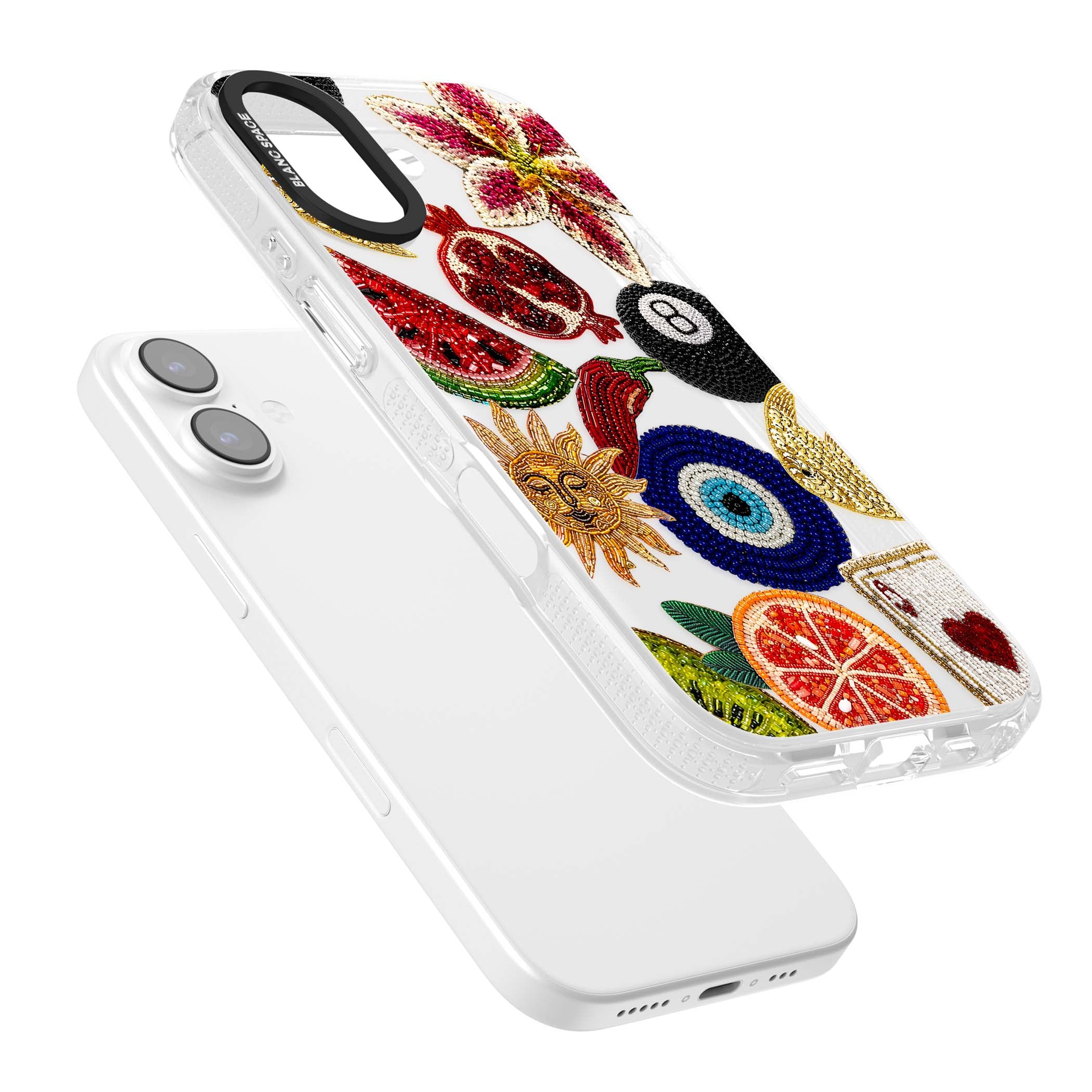 Beaded Charms embroidery iPhone case featuring beaded evil eye, fruit patches and a golden sun motif | Clear Case Impact Air case for iPhone 17