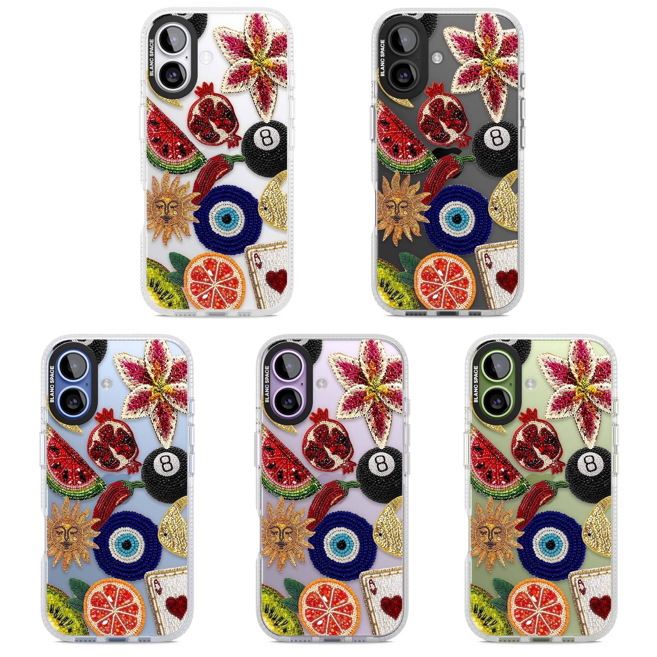 Beaded Charms embroidery iPhone case featuring beaded evil eye, fruit patches and a golden sun motif | Clear Case Impact Air case for iPhone 17