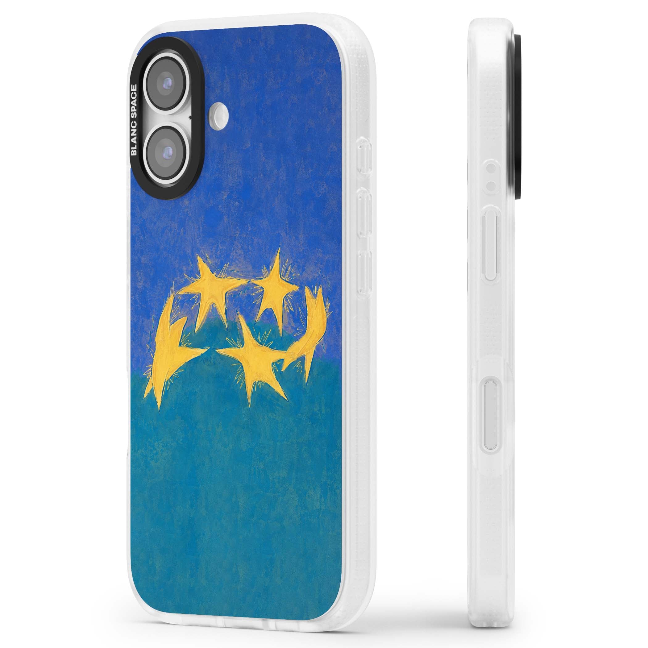 Star Boogie stars aesthetic iPhone case featuring five yellow hand-painted stars on cobalt blue and teal | Clear Case Impact Air case for iPhone 17
