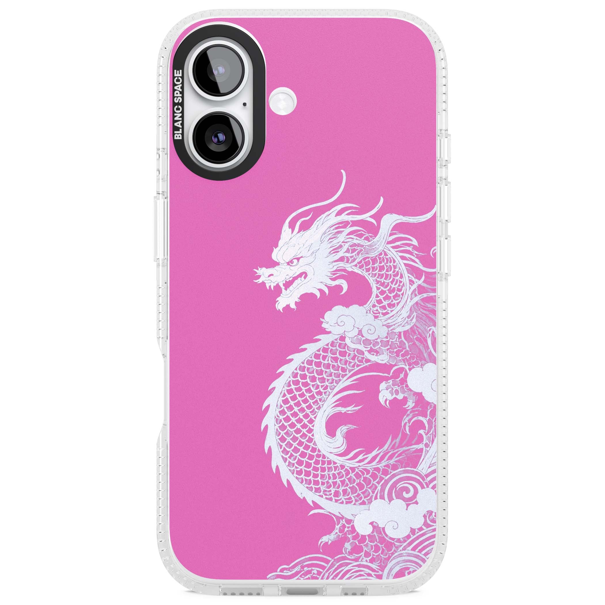 Pink Empress chinese dragon iPhone case featuring a white dragon, swirling clouds and pink dragon wallpaper backdrop | Clear Case Impact Air case for iPhone 17
