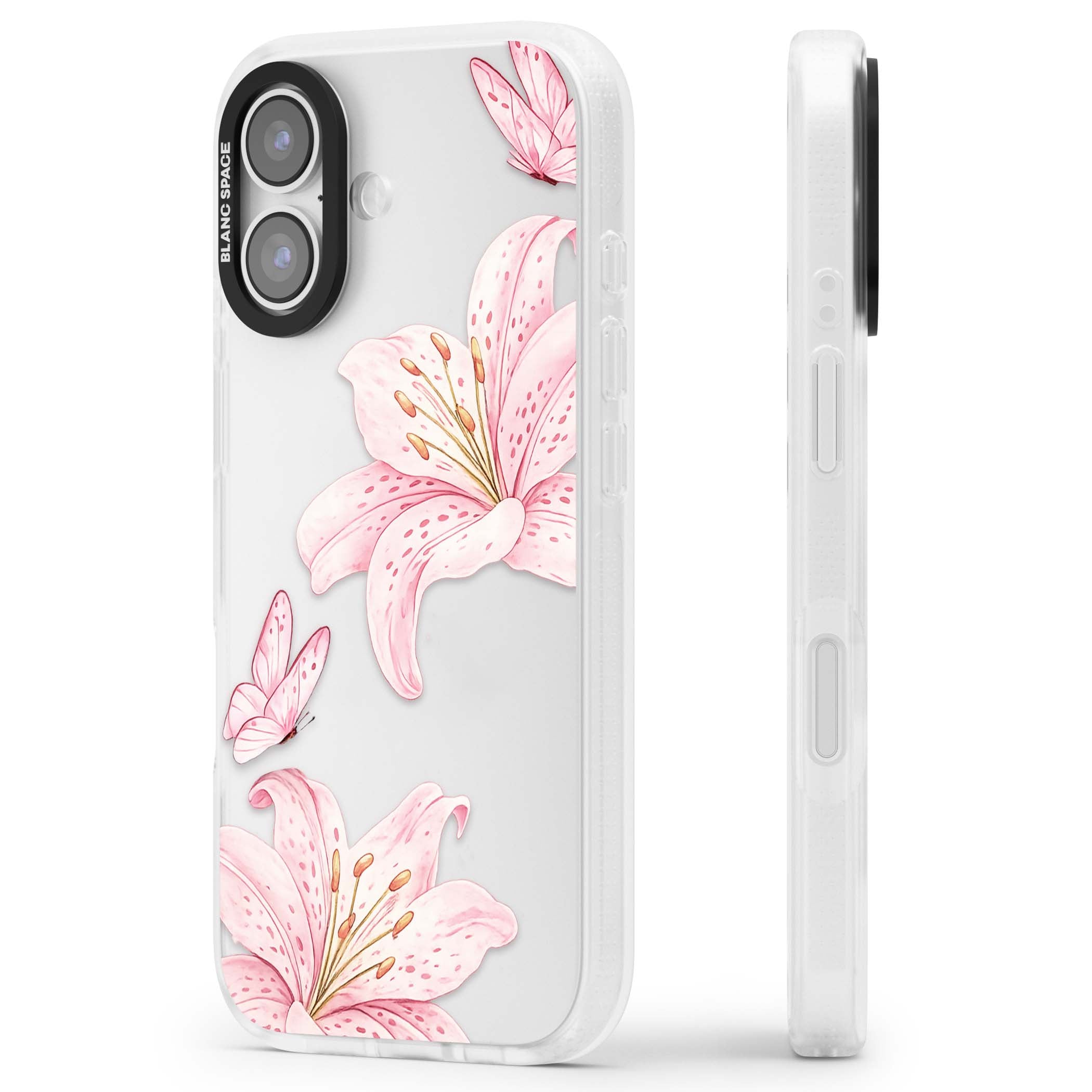 Lily Whisper floral iPhone case featuring pink watercolour lilies and delicate butterflies on a clear background | Clear Case Impact Air case for iPhone 17