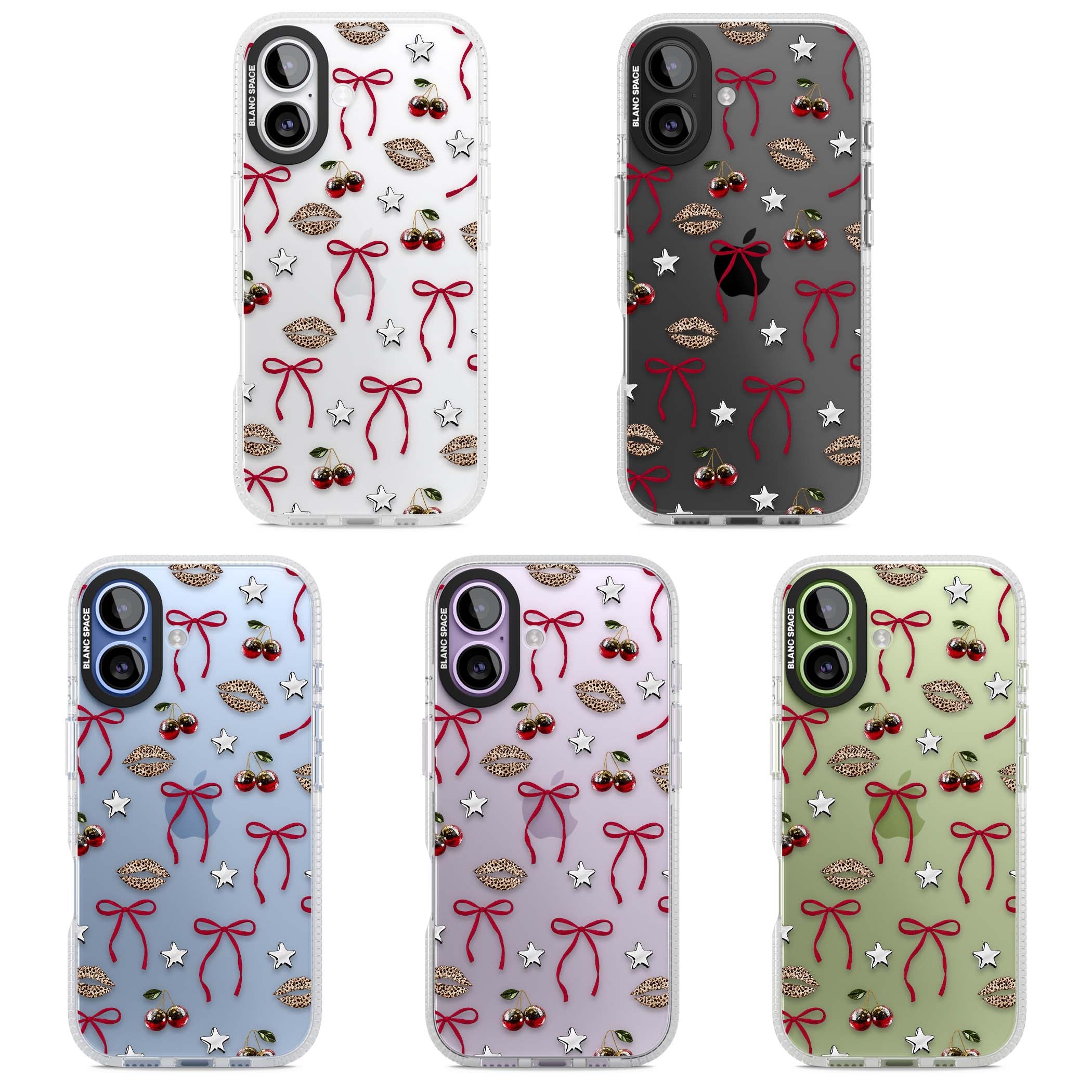 Starlet coquette iPhone case featuring red ribbon bows, disco cherries and leopard-print lips | Clear Case Impact Air case for iPhone 17