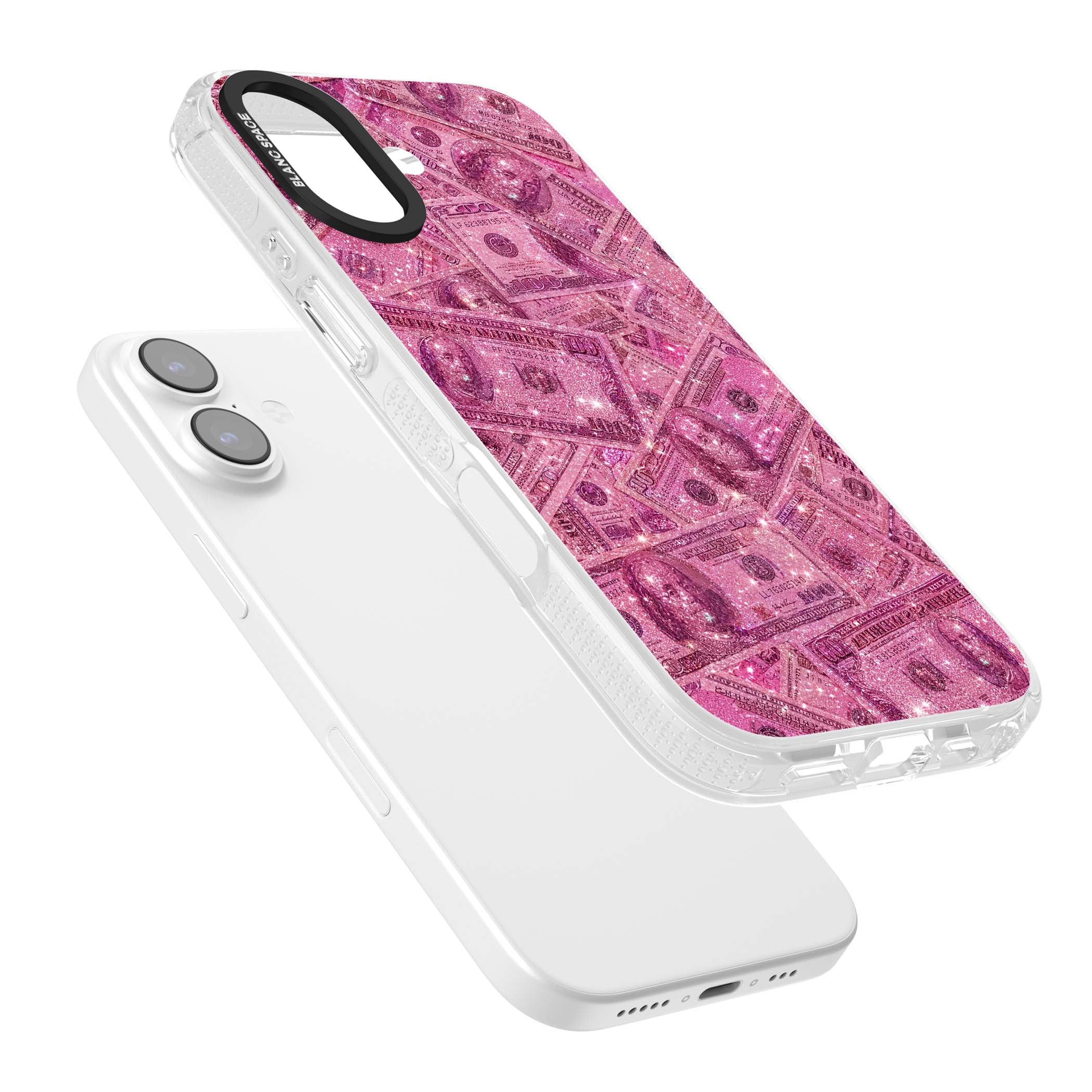 Glamorous baddie iPhone case featuring pink glitter hundred dollar bills and sparkling money wallpaper design | Clear Case Impact Air case for iPhone 17