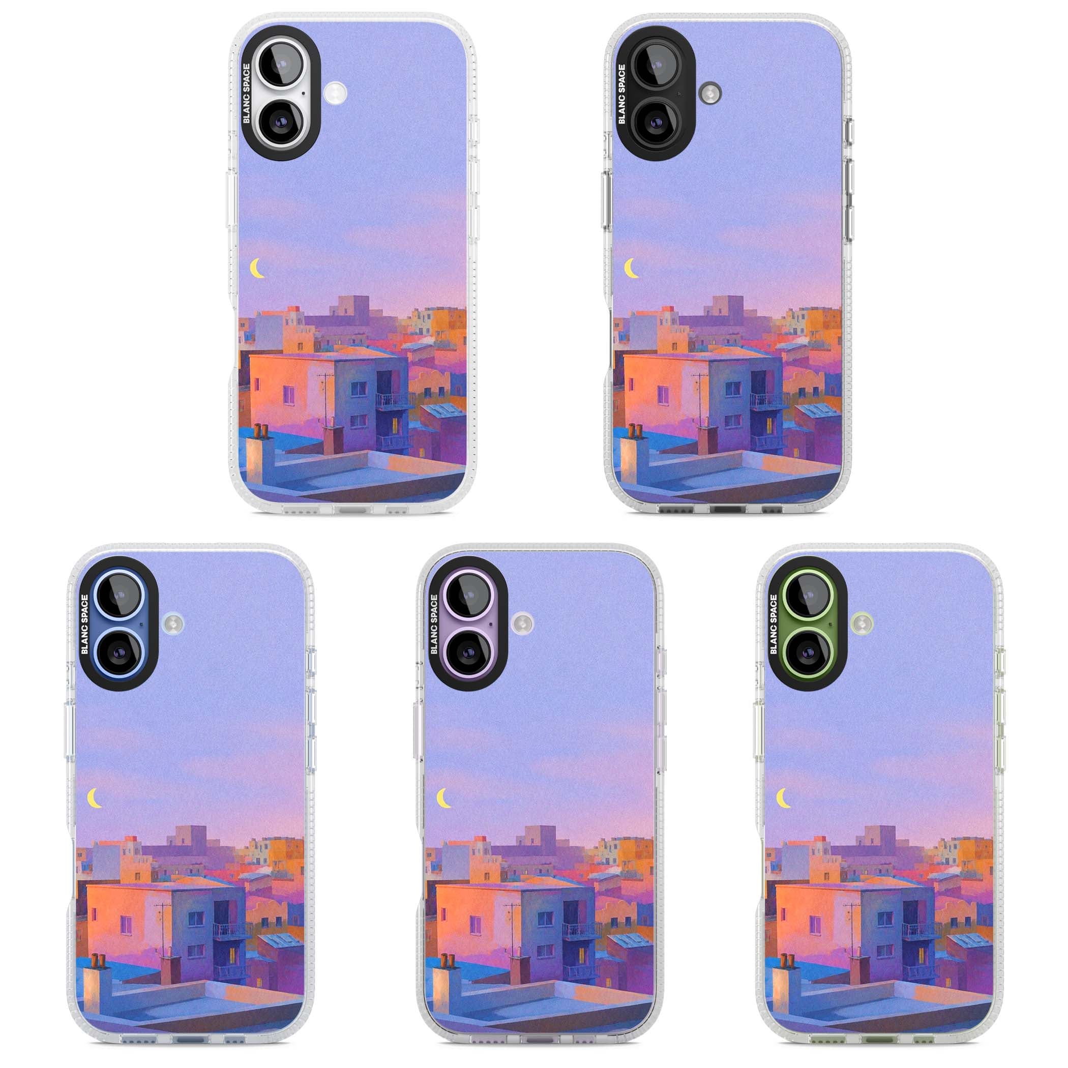 Twilight Rooftops vaporwave iPhone case featuring a pastel sunset cityscape, painted rooftops and a crescent moon. | Clear Case Impact Air case for iPhone 17