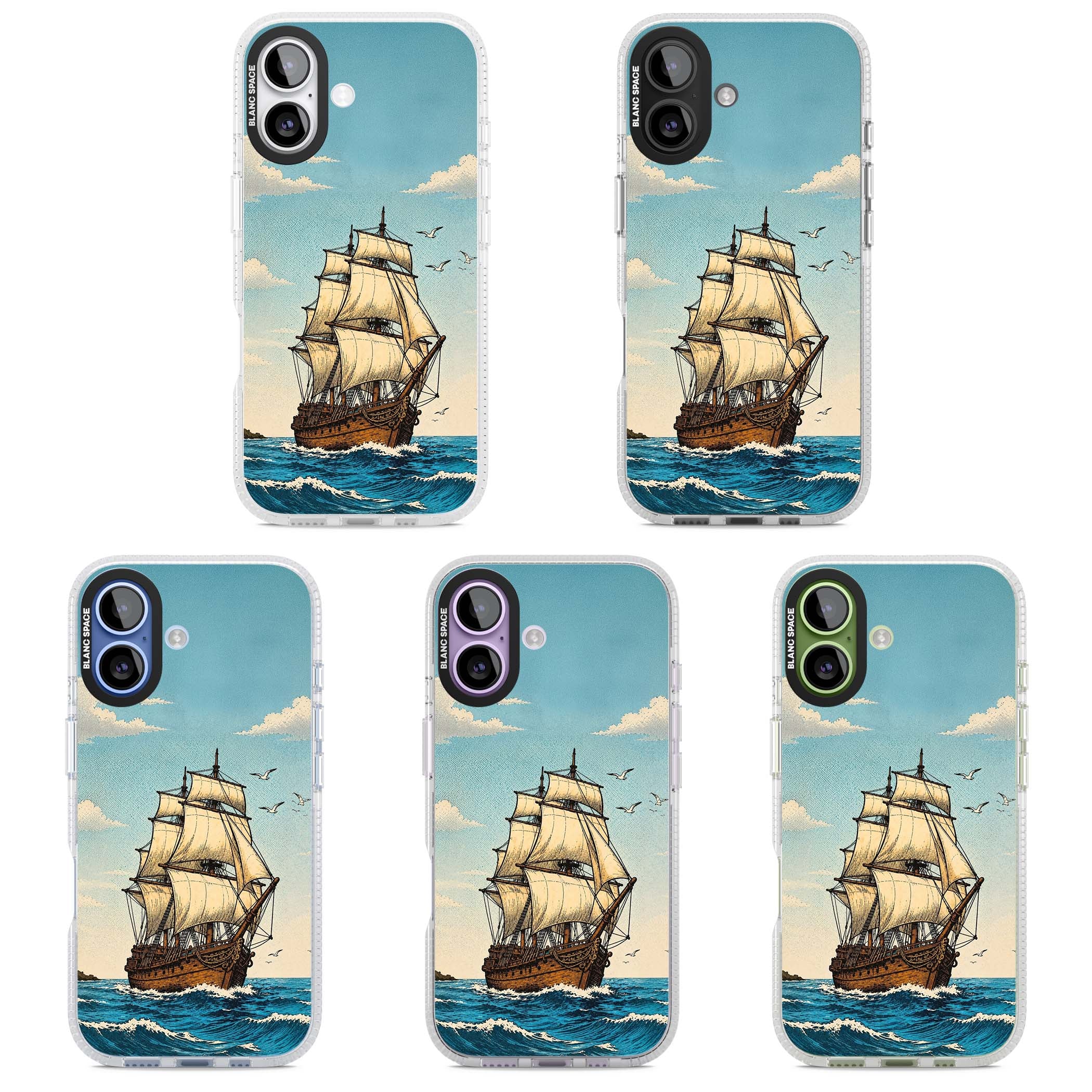 Ship at Sea nautical iPhone case featuring a vintage tall ship, ocean waves and seagulls | Clear Case Impact Air case for iPhone 17