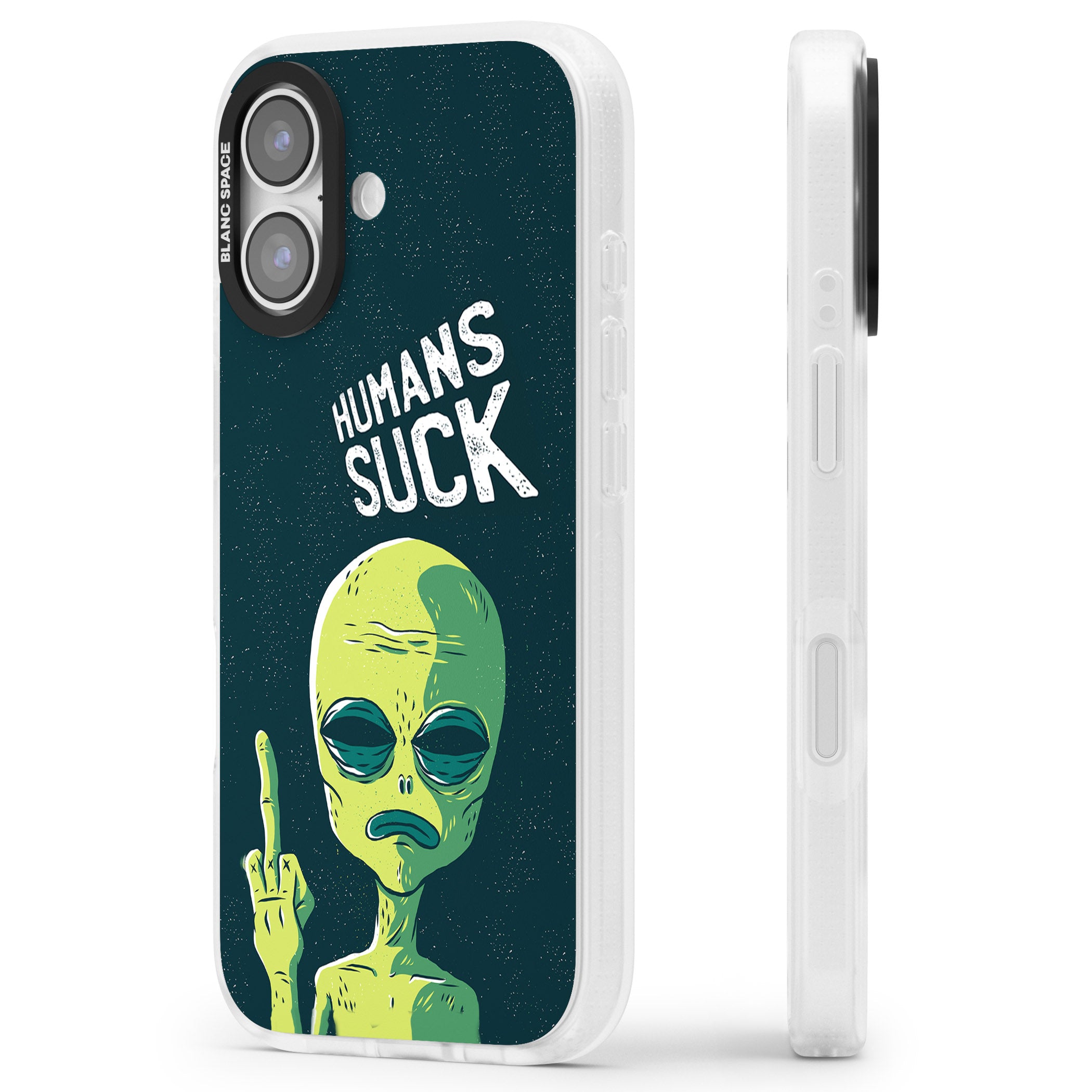 Humans Suck Alien iPhone 17 Impact Air Clear Phone Case Side Profile