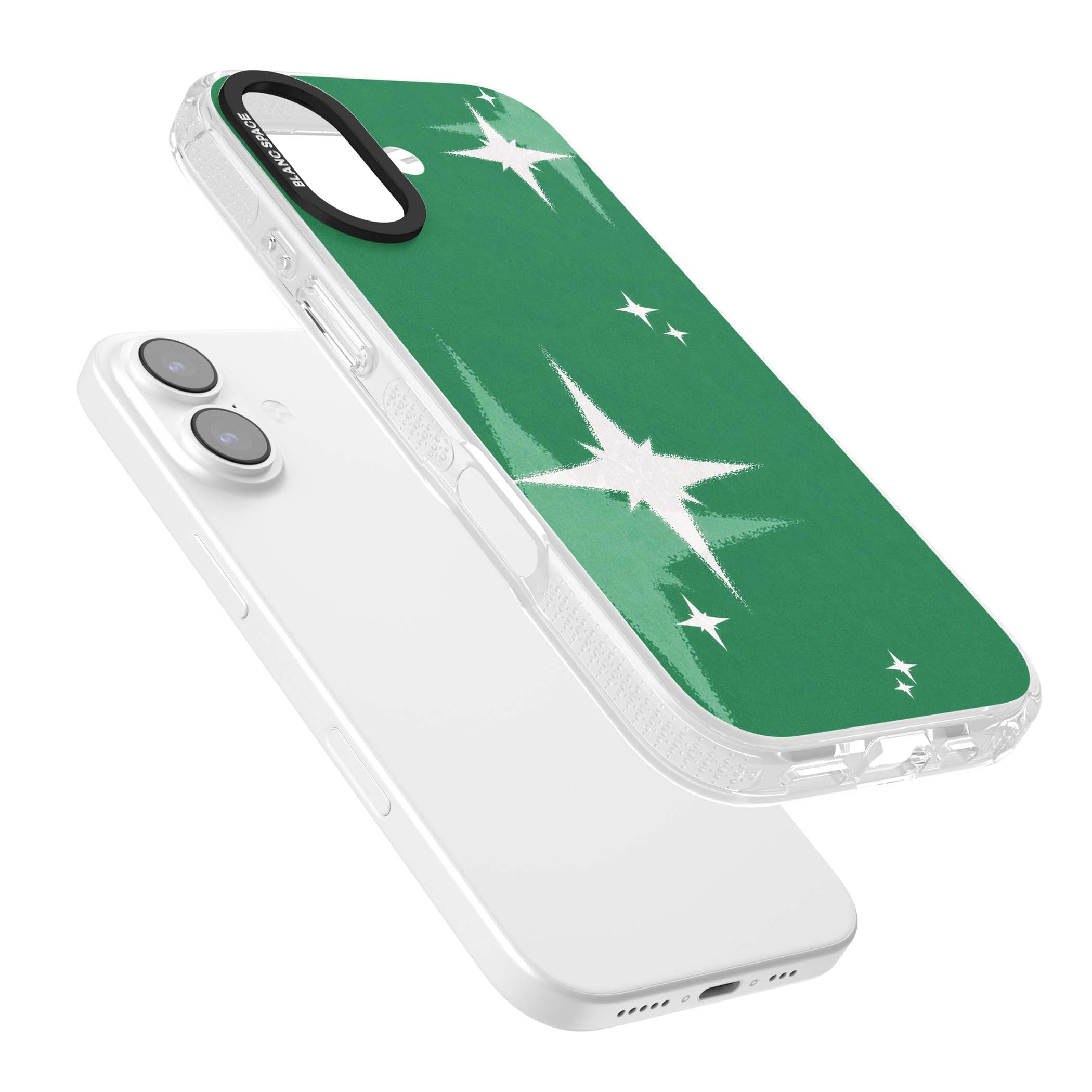 Green Sparkle celestial iPhone case featuring sparkling white four-point stars on a deep green background | Clear Case Impact Air case for iPhone 17