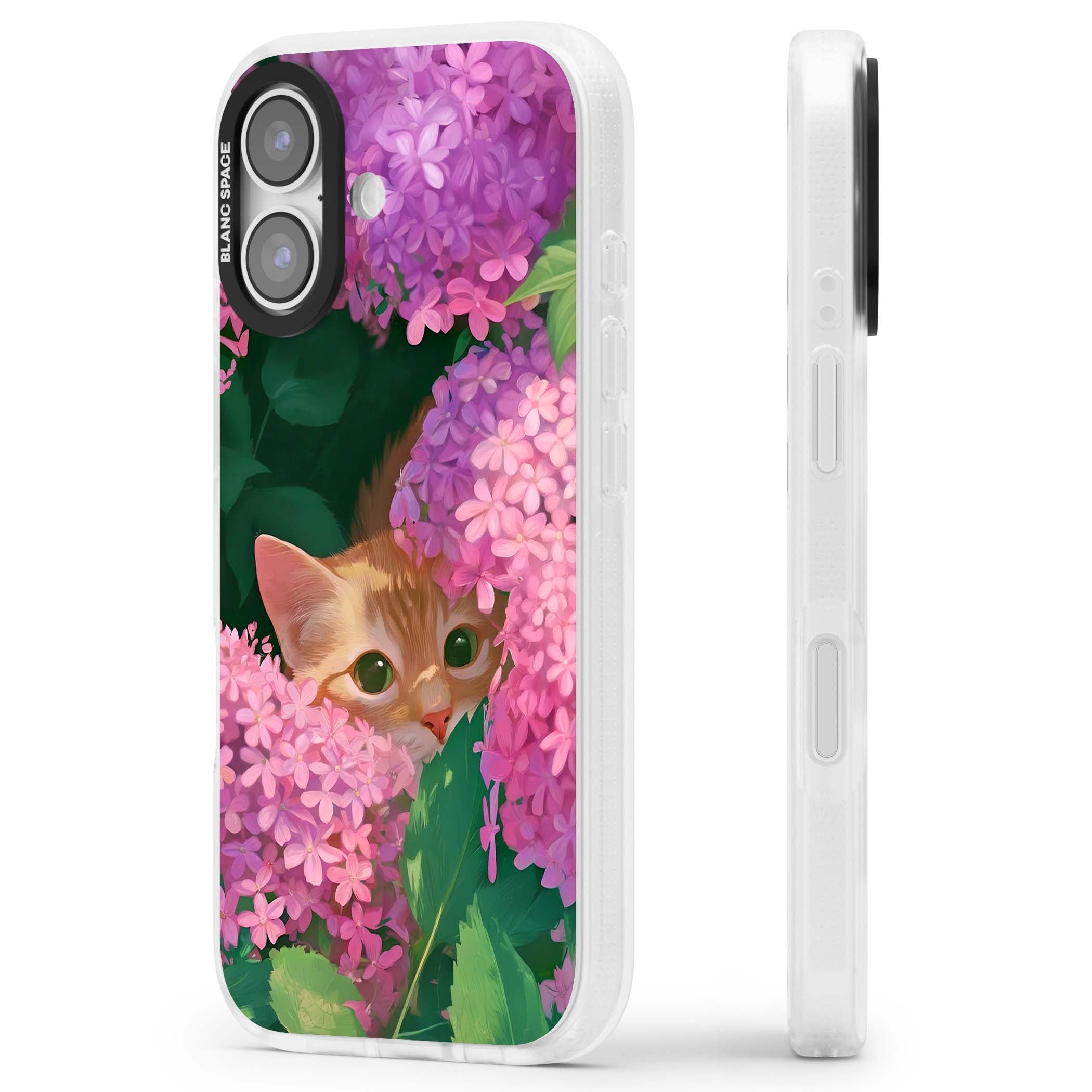 Cat In Pink Flowers cottagecore iPhone case featuring a ginger kitten peeking through lilac and pink hydrangea flo | Clear Case Impact Air case for iPhone 17