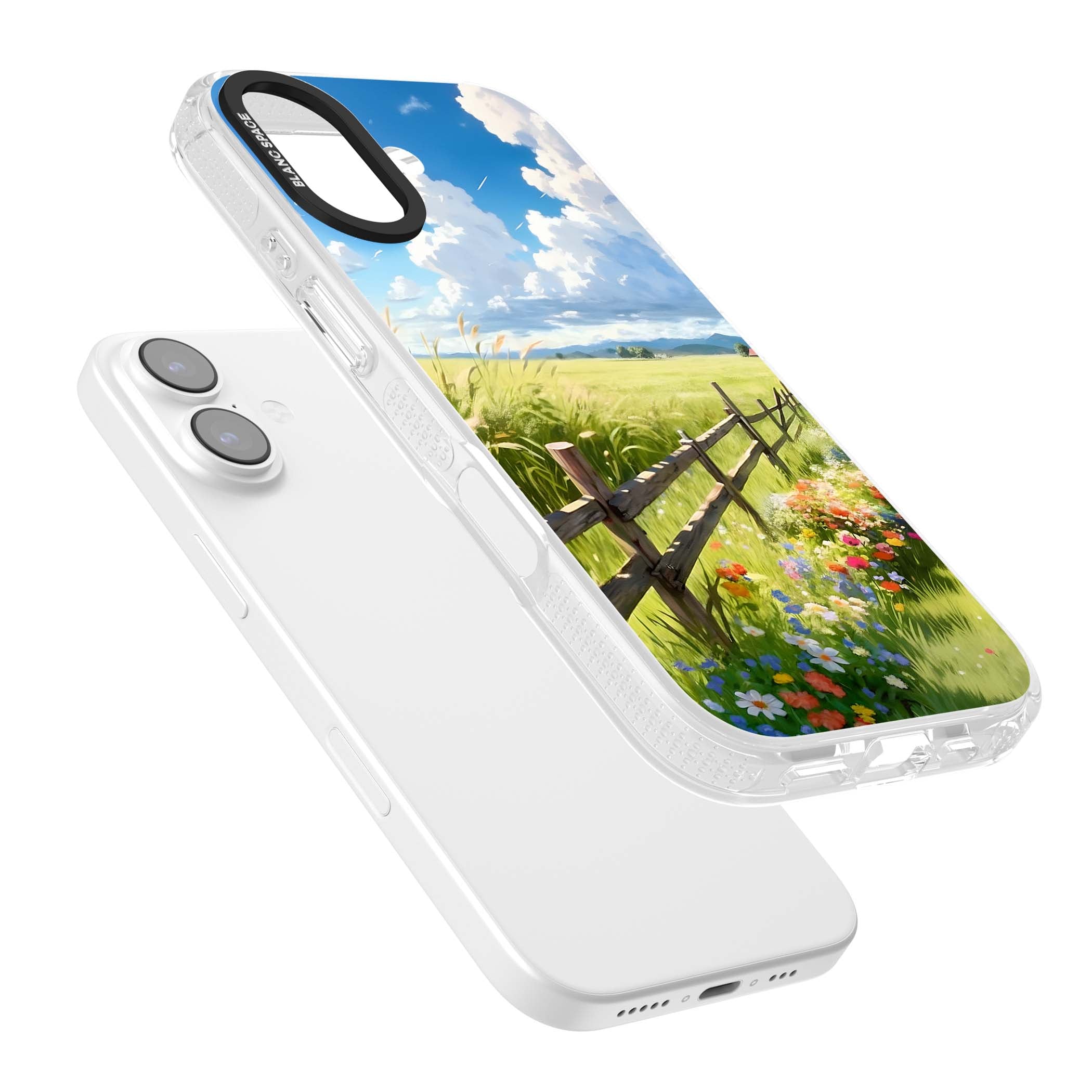 A Countryside Afternoon cottagecore iPhone case featuring a painted countryside meadow, wooden fence, and wildflowers beneath | Clear Case Impact Air case for iPhone 17