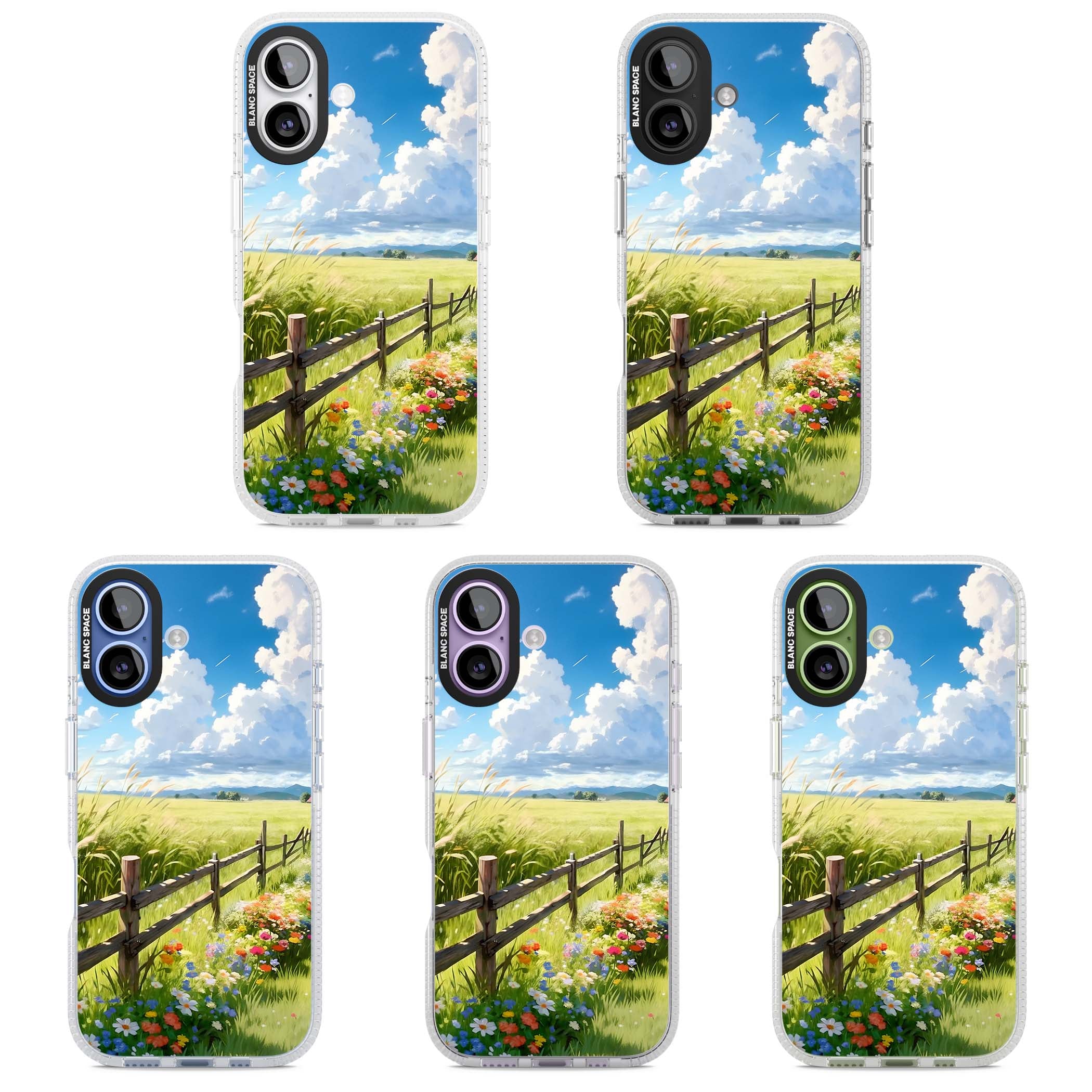A Countryside Afternoon cottagecore iPhone case featuring a painted countryside meadow, wooden fence, and wildflowers beneath | Clear Case Impact Air case for iPhone 17
