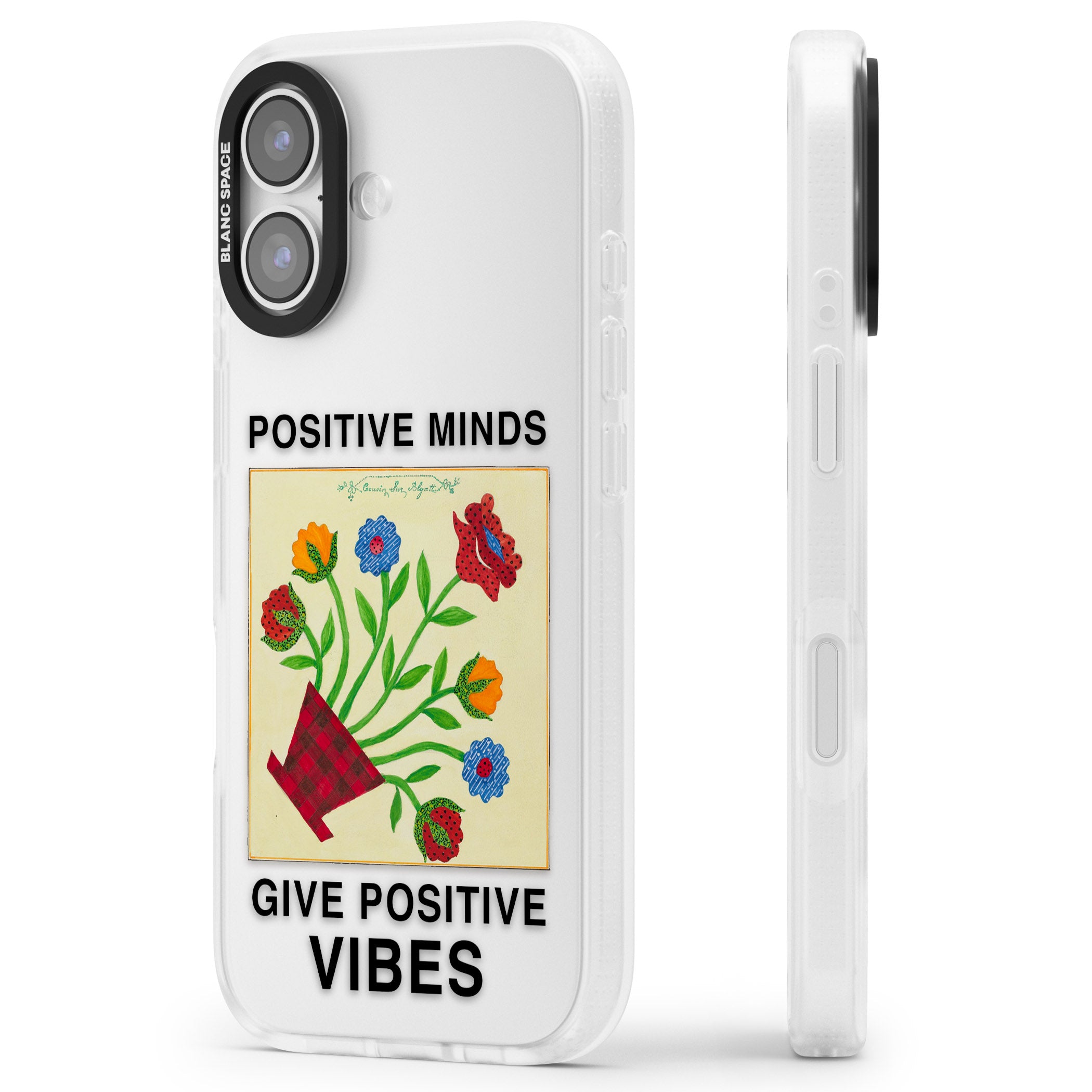 Positive Minds Give Positive Vibes iPhone 17 Impact Air Clear Phone Case Side Profile