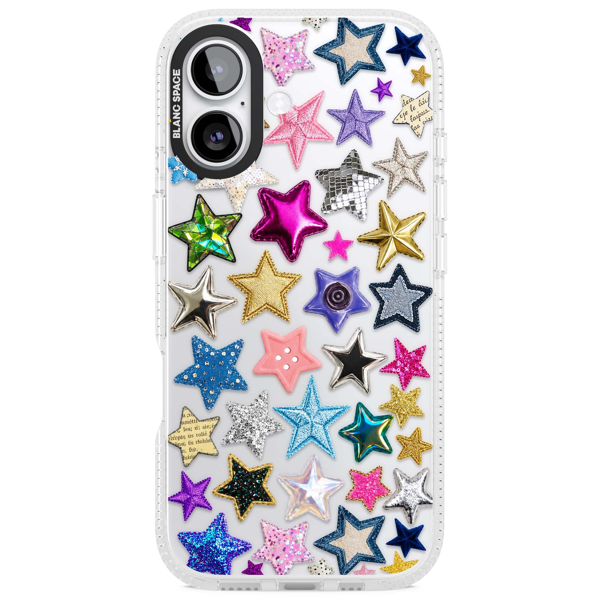 Crafty Star Mix Y2K iPhone case featuring embroidered, sequinned and glitter star patches in rainbow colours | Clear Case Impact Air case for iPhone 17