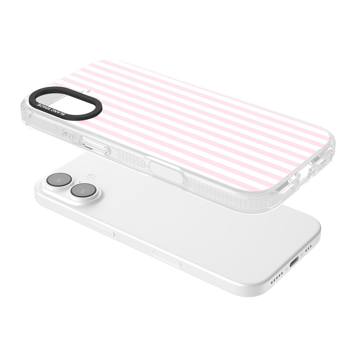 Pink Stripe preppy iPhone case featuring soft pastel pink and white vertical candy stripes iPhone 16 / iPhone 16 Plus / iPhone 17 Impact Air Phone Case angled
