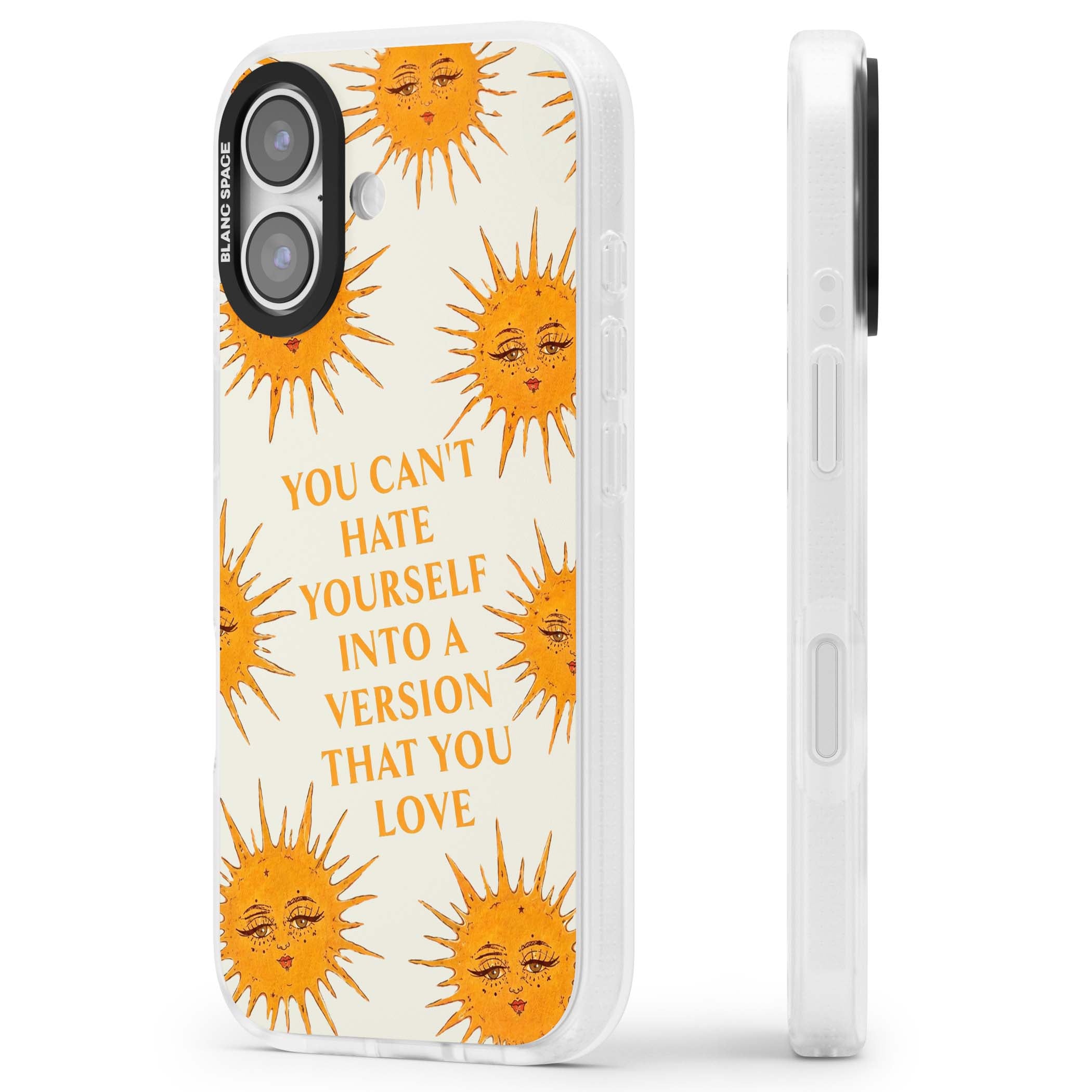 Don't Hate Yourself celestial iPhone case featuring vintage sun faces, ochre rays and a self-love quote | Clear Case Impact Air case for iPhone 17